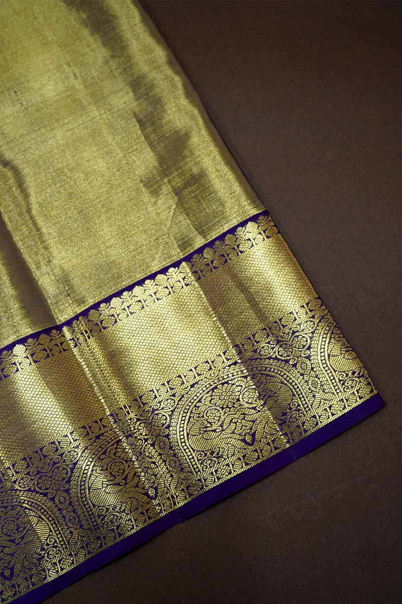 IVORY GOLD WITH VIOLET KANCHI SILK SAREE - Queens Jewel Emporium