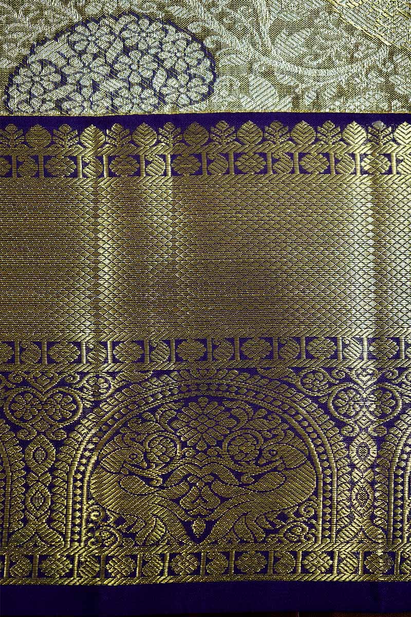 IVORY GOLD WITH VIOLET KANCHI SILK SAREE - Queens Jewel Emporium