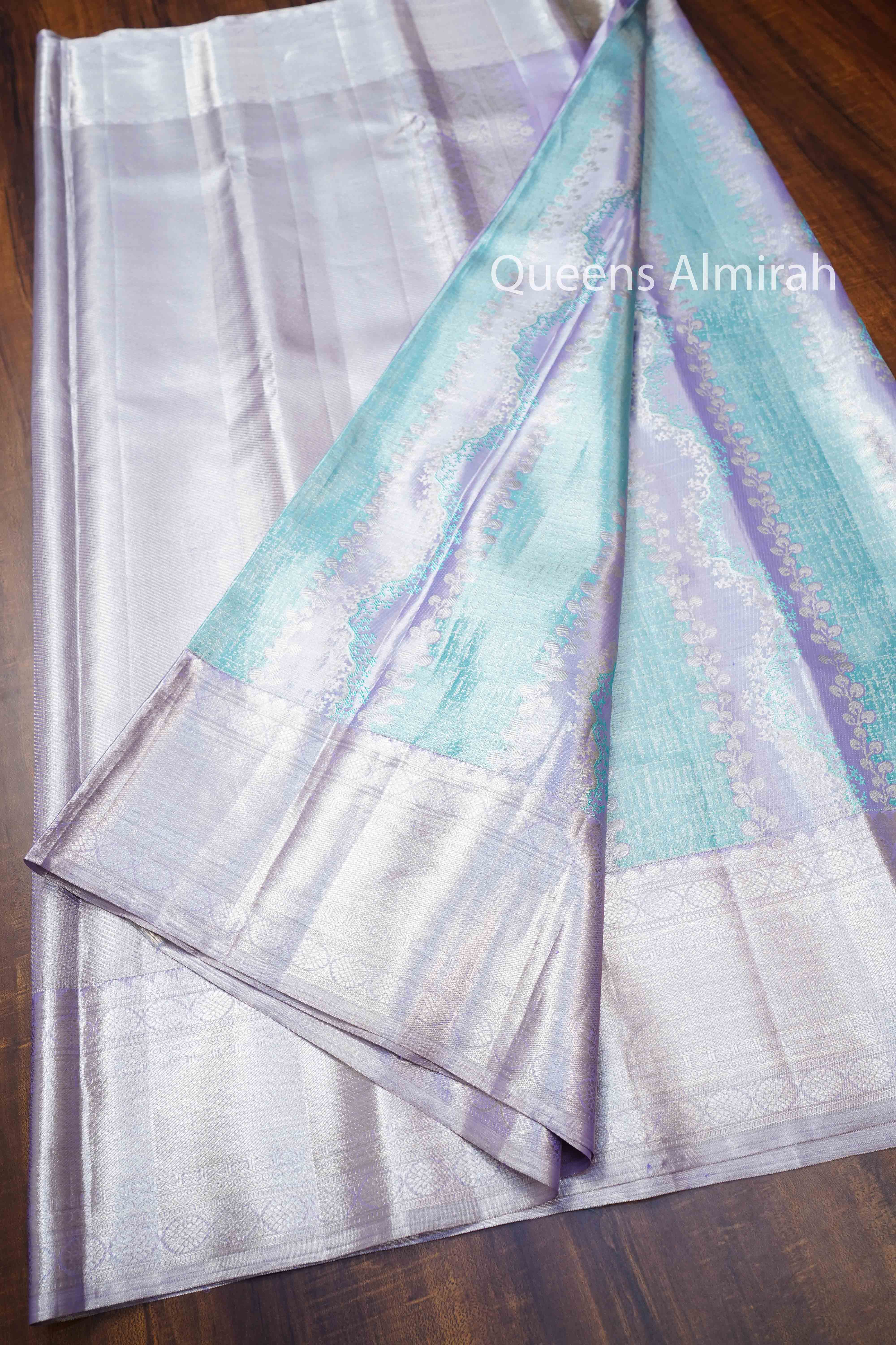 Ice Blue With Lavender Pure Kanchivaram Silk Saree QUEENS ALMIRAH
