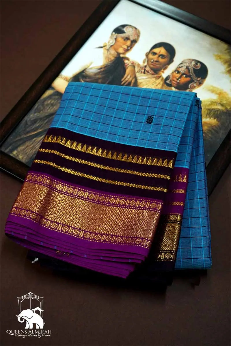 LIGHT BLUE WITH VIOLET GANGA JAMUNA KANCHI COTTON SAREE - Queens Jewel Emporium