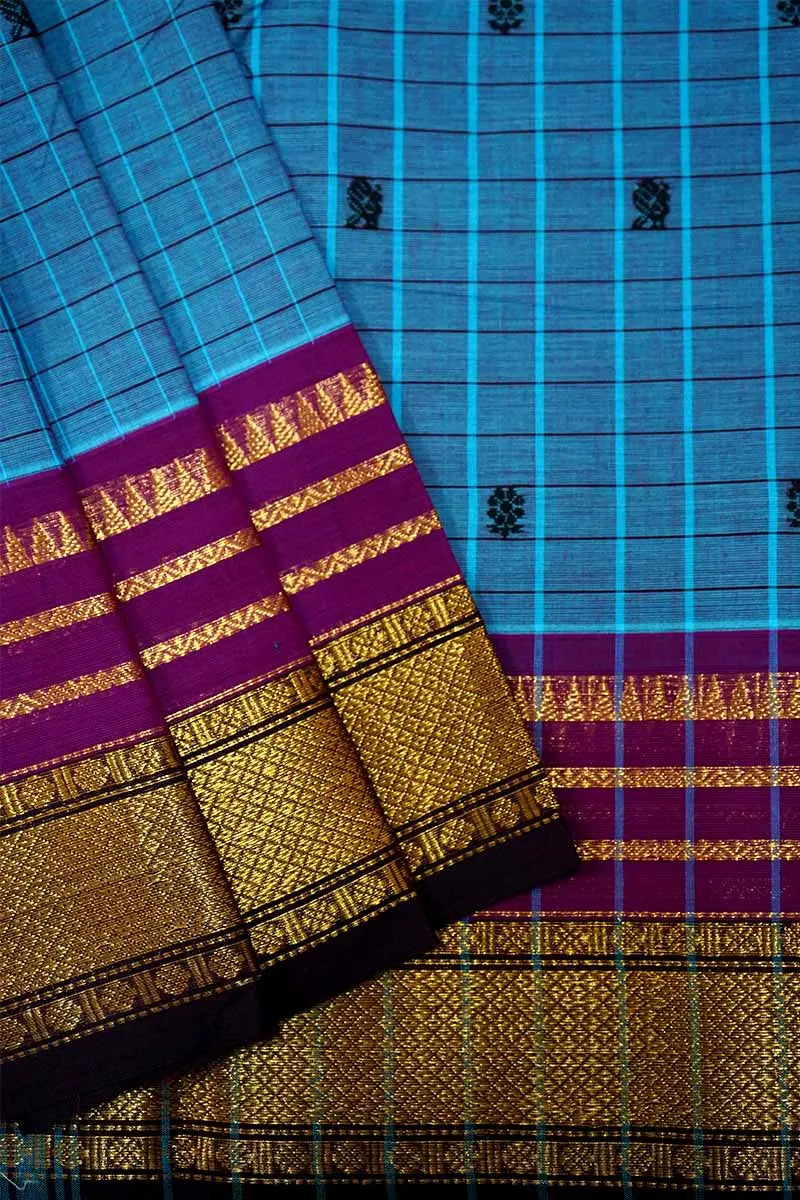 LIGHT BLUE WITH VIOLET GANGA JAMUNA KANCHI COTTON SAREE - Queens Jewel Emporium