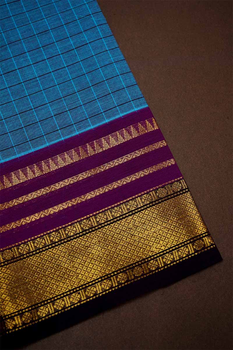 LIGHT BLUE WITH VIOLET GANGA JAMUNA KANCHI COTTON SAREE - Queens Jewel Emporium