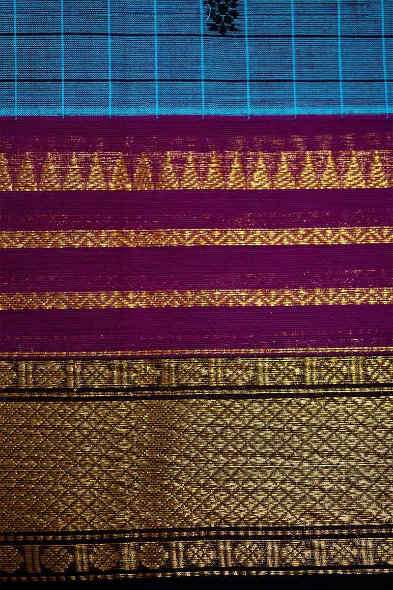 LIGHT BLUE WITH VIOLET GANGA JAMUNA KANCHI COTTON SAREE - Queens Jewel Emporium