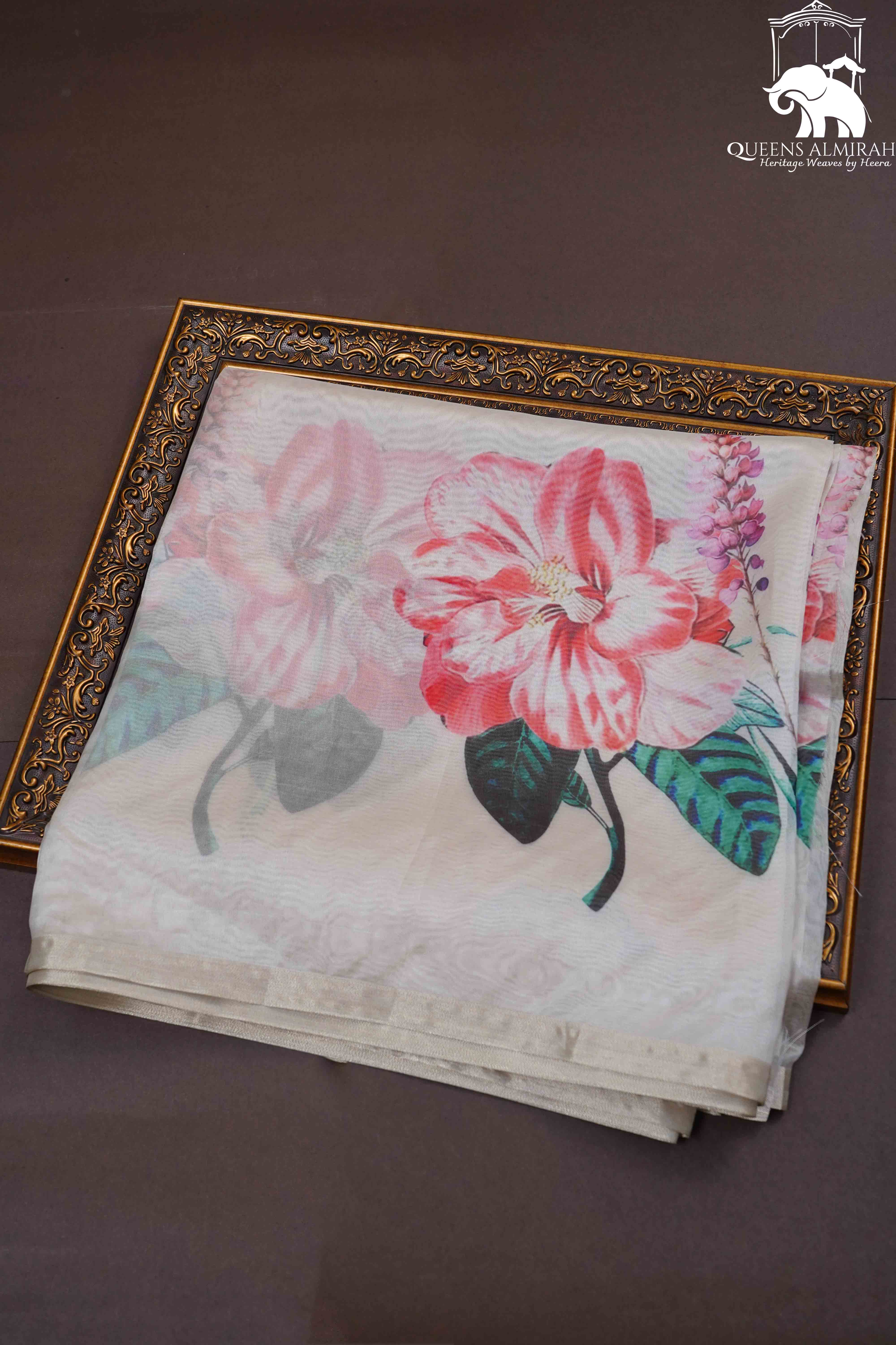 LIGHT CHAMPAGNE ORGANZA SAREE - Queens Jewel Emporium