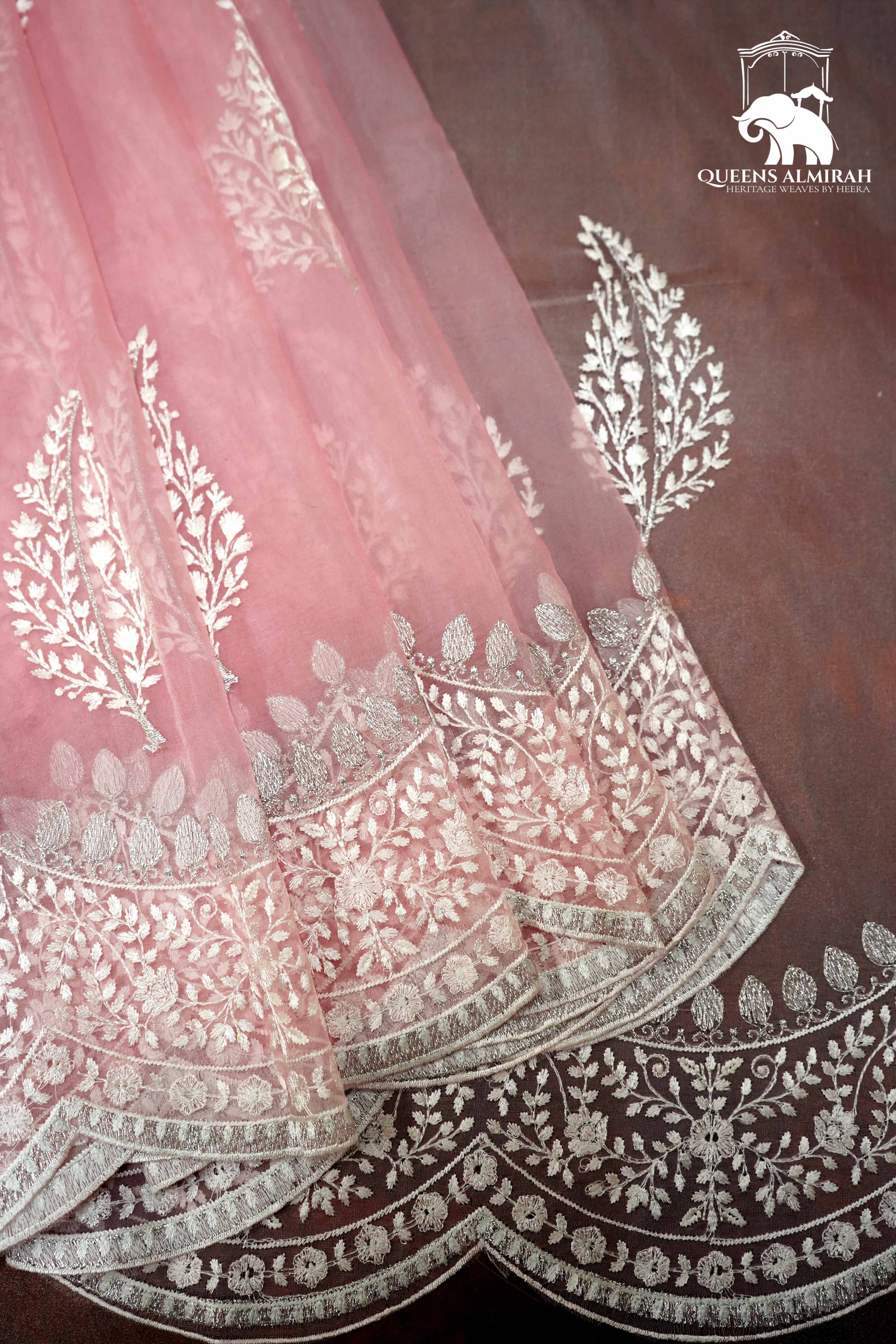 LIGHT HOT PINK WITH SCALLOP BORDER ORGANZA SAREE - Queens Jewel Emporium