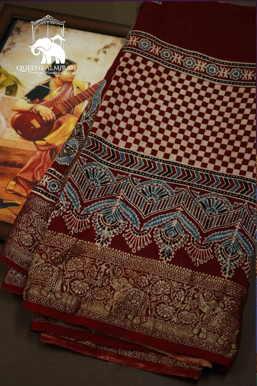 LIGHT MAROON WITH SANDAL DOLA AJARAKH SILK SAREE - Queens Jewel Emporium