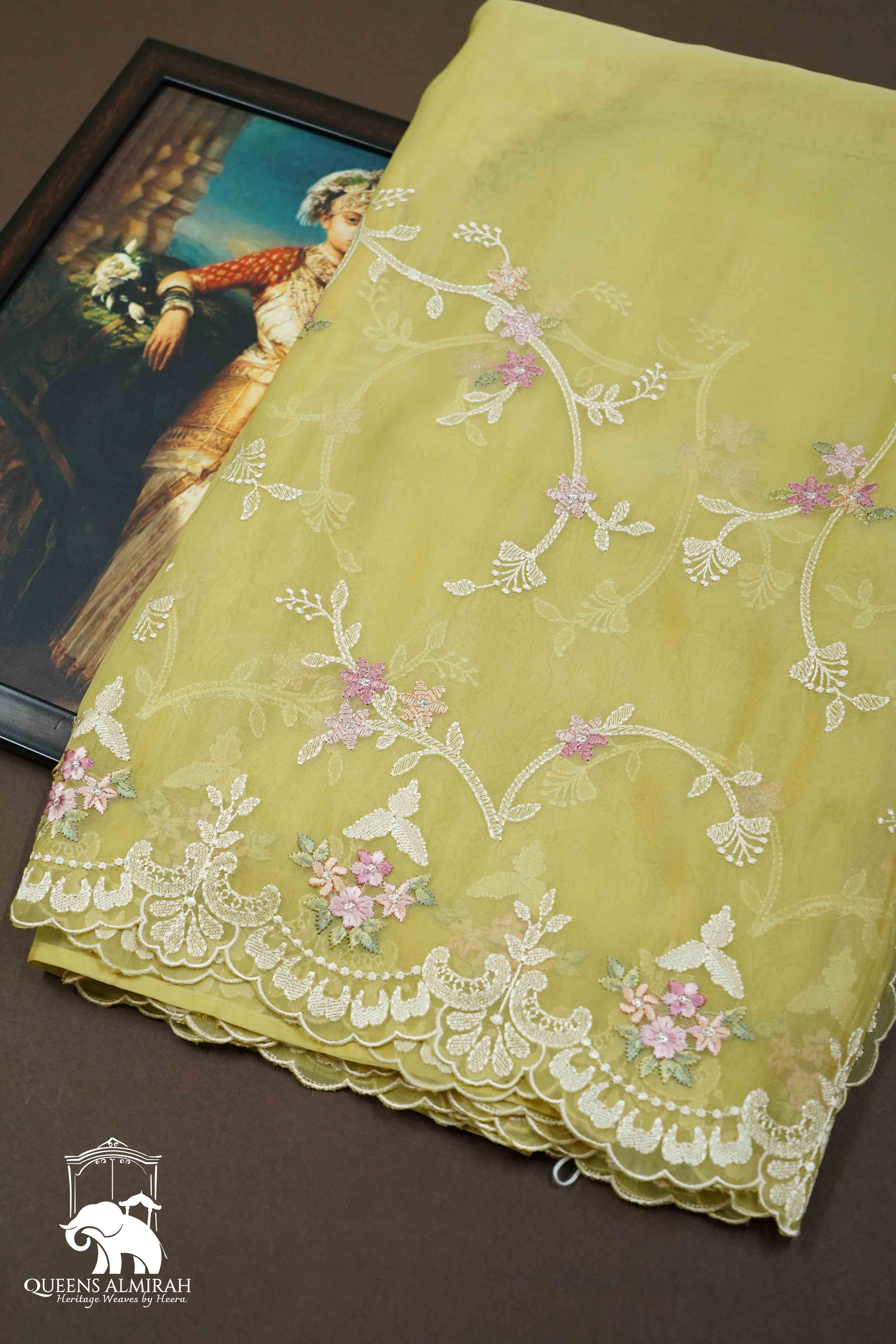 LIGHT OLIVE  SILK ORGANZA SAREE - Queens Jewel Emporium