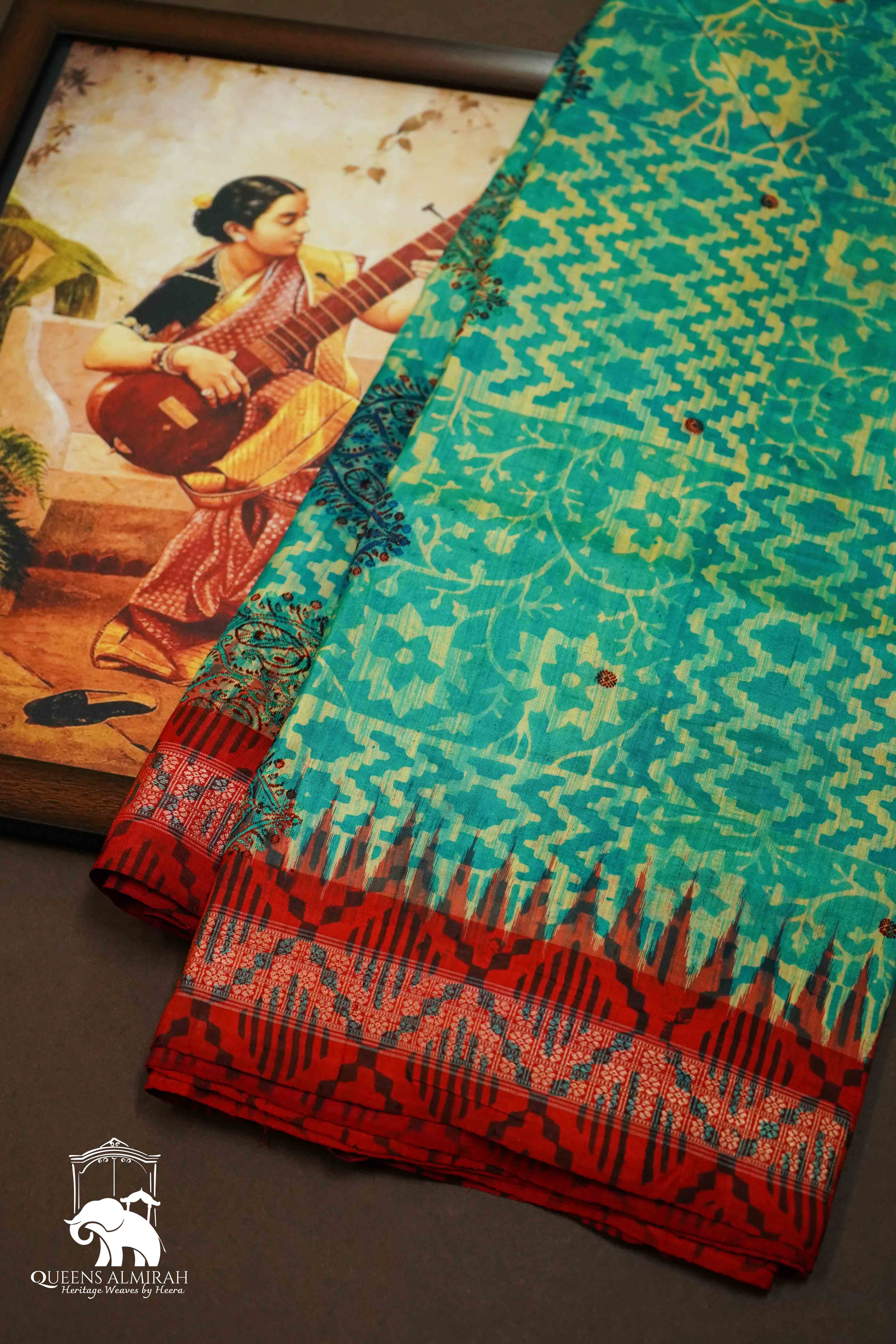 LIGHT TEAL WITH DRAK ROSE MULBERRY SILK SAREE - Queens Jewel Emporium