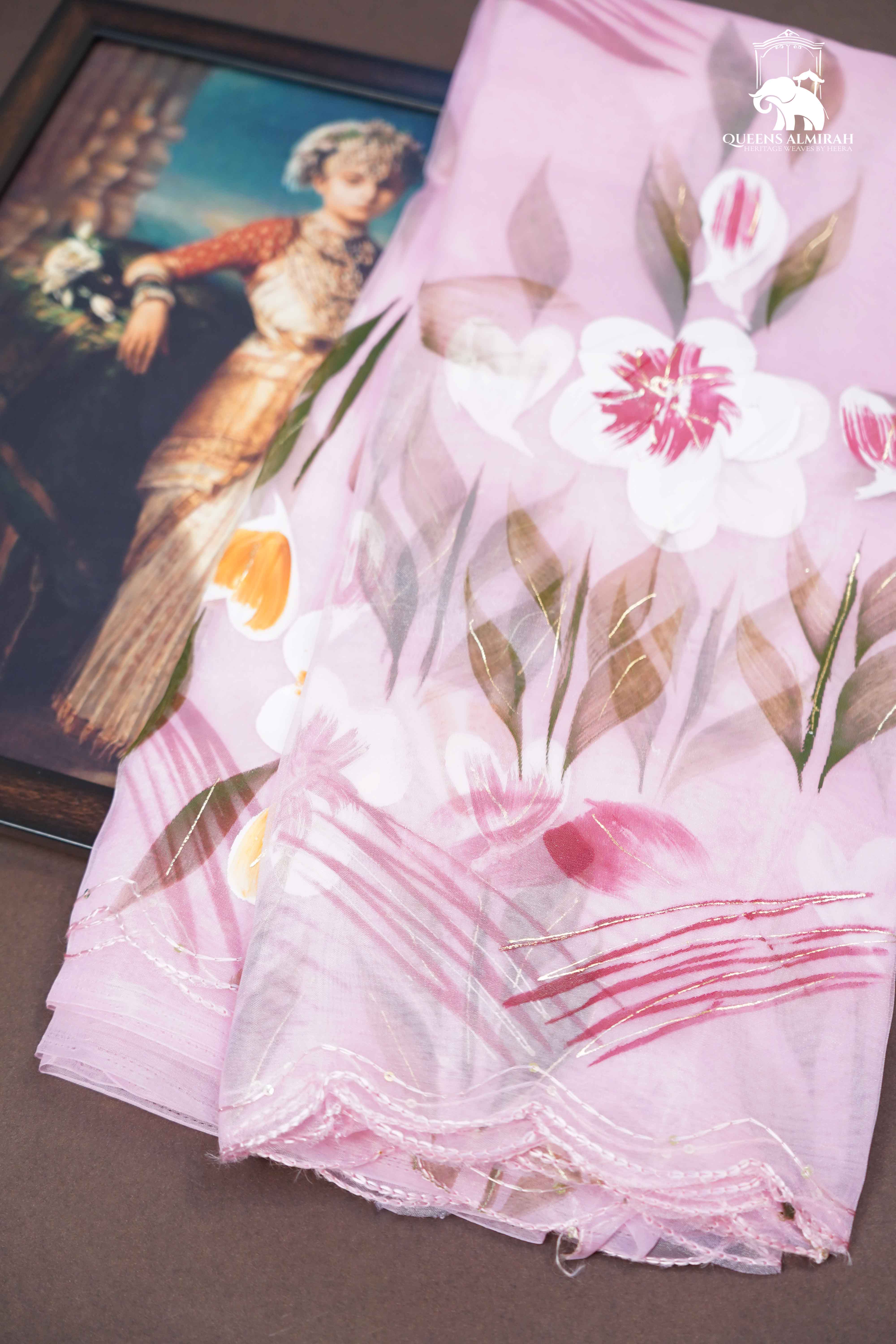 LILAC PINK HAND PAINTED ORGANZA SAREE - Queens Jewel Emporium