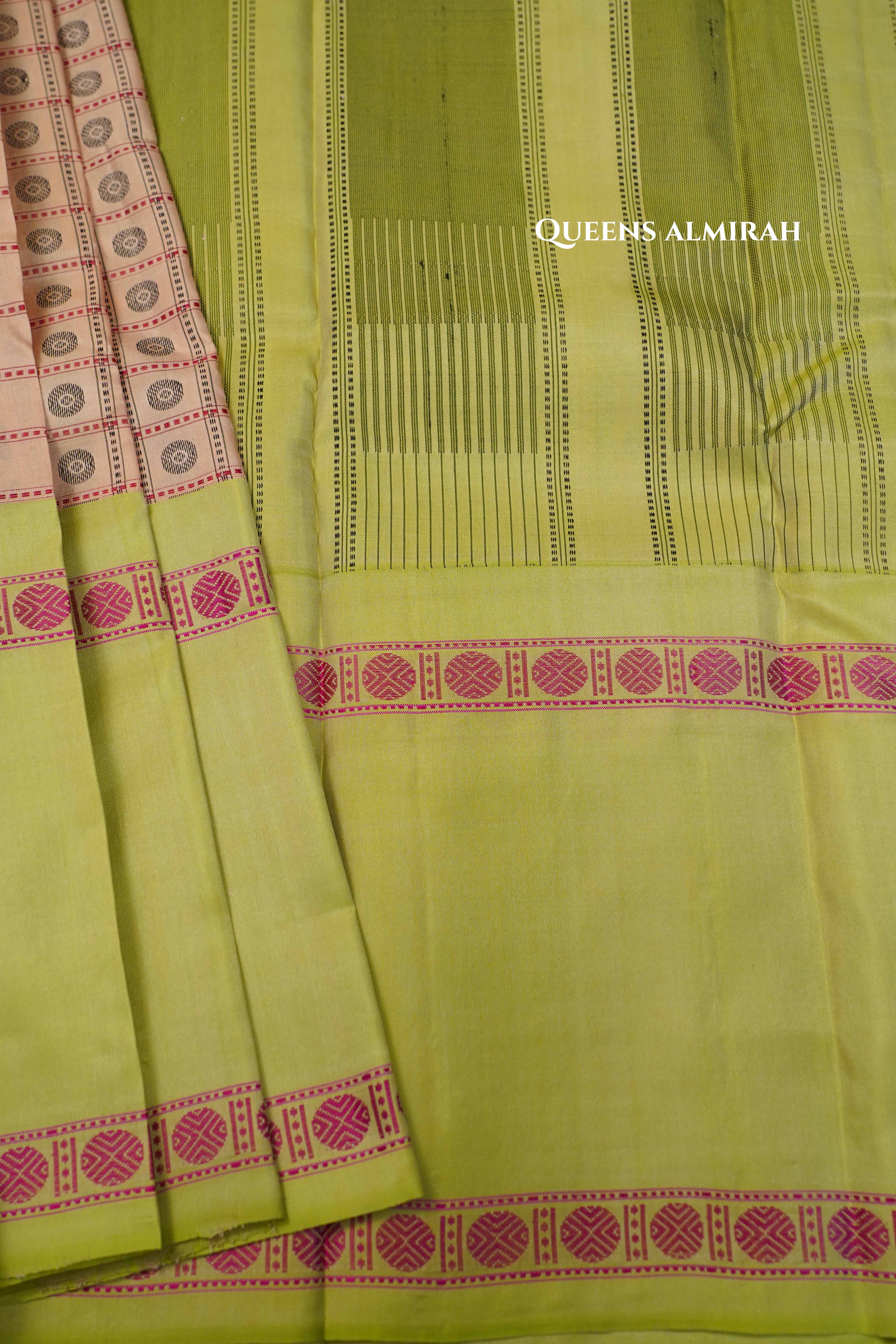 Light Peach With Light Green Kanchivaram Silk Saree QUEENS ALMIRAH
