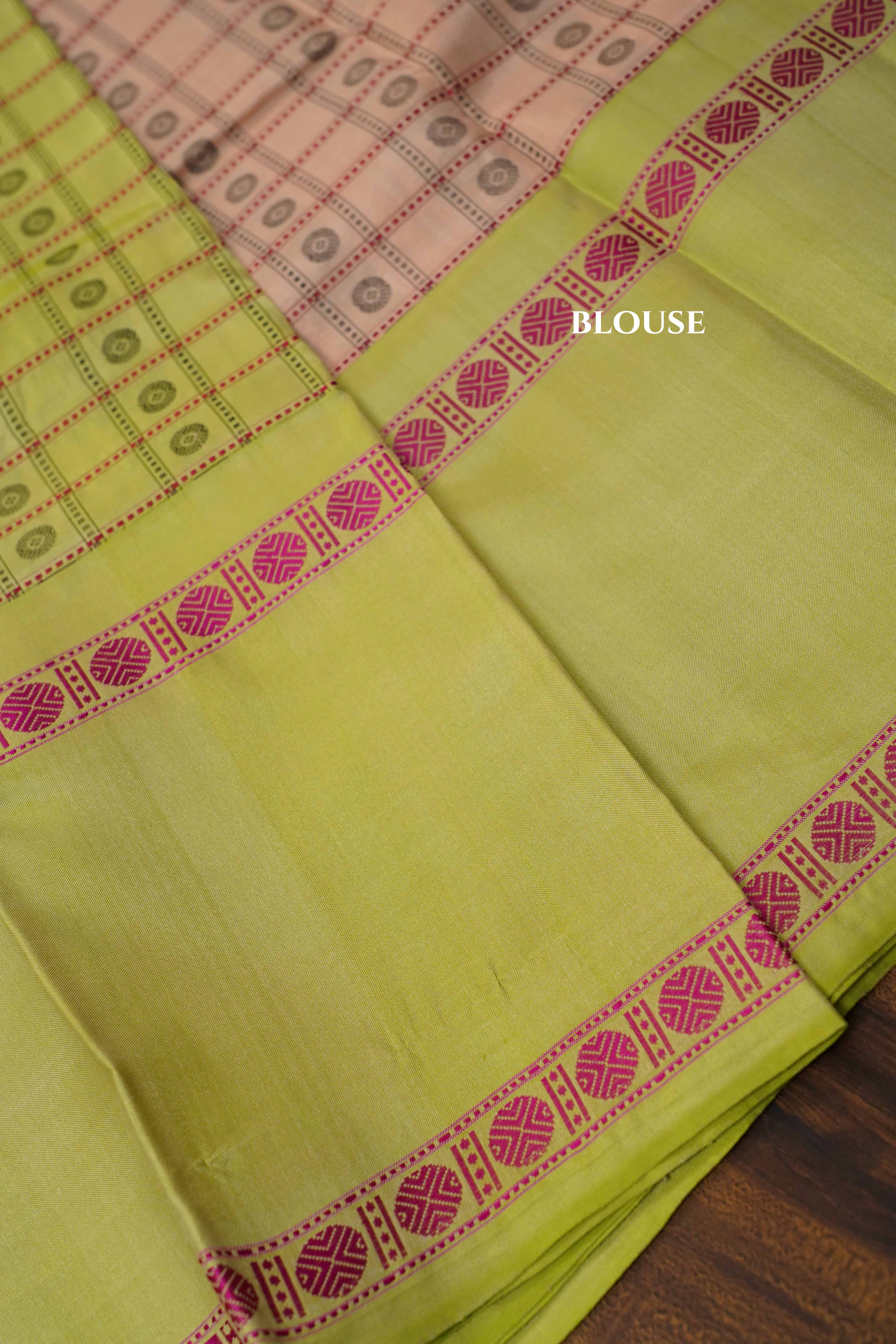Light Peach With Light Green Kanchivaram Silk Saree QUEENS ALMIRAH
