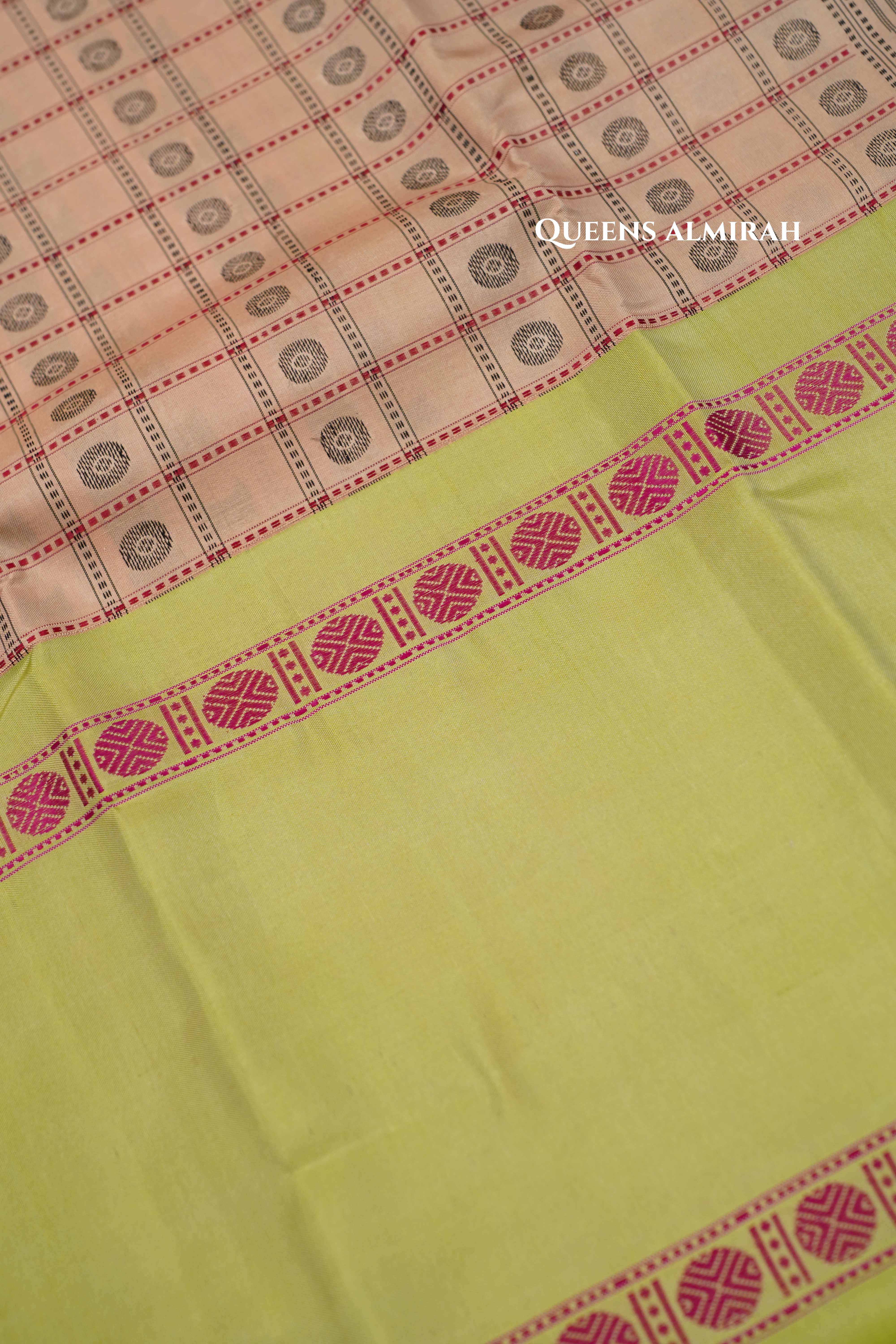 Light Peach With Light Green Kanchivaram Silk Saree QUEENS ALMIRAH