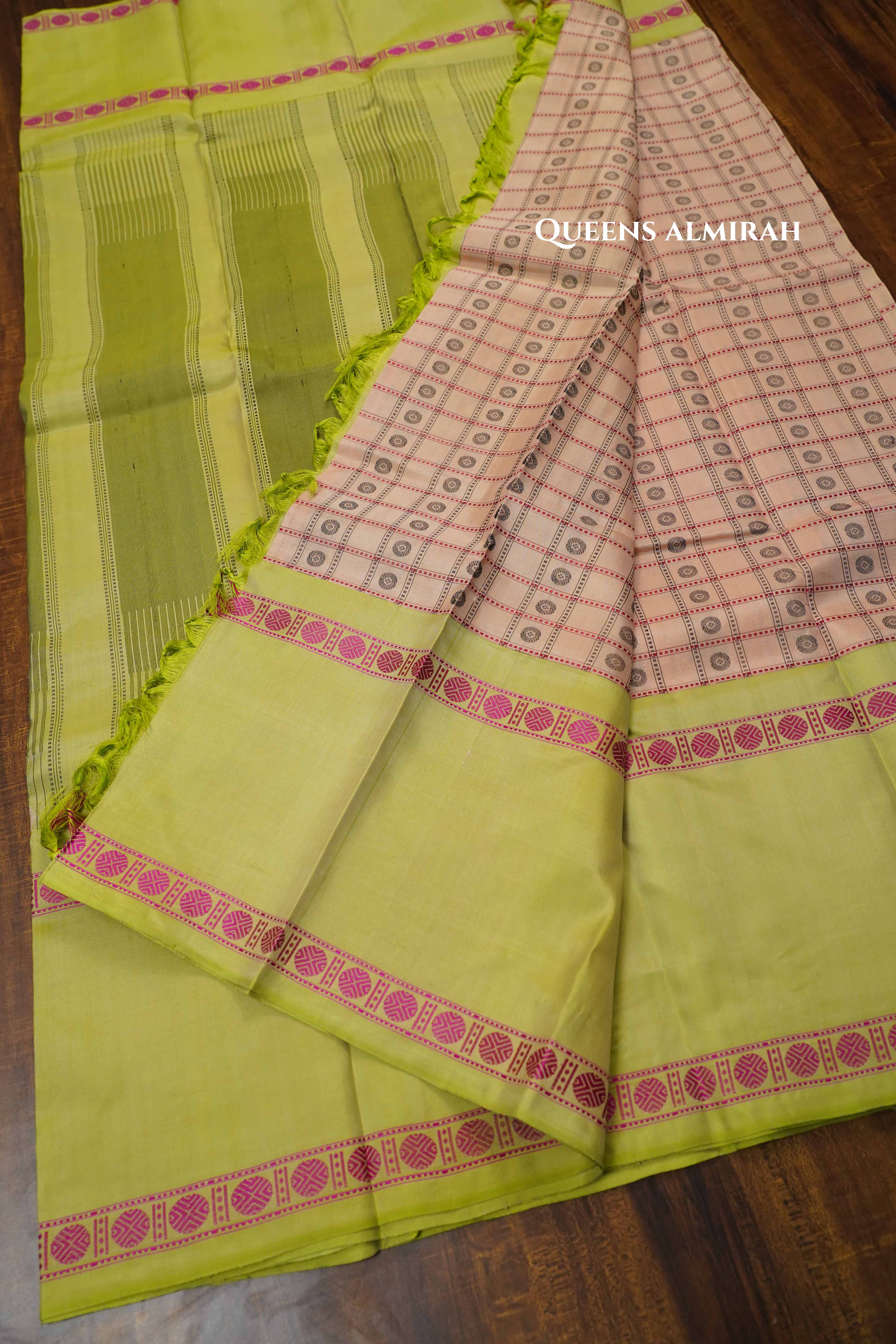 Light Peach With Light Green Kanchivaram Silk Saree QUEENS ALMIRAH