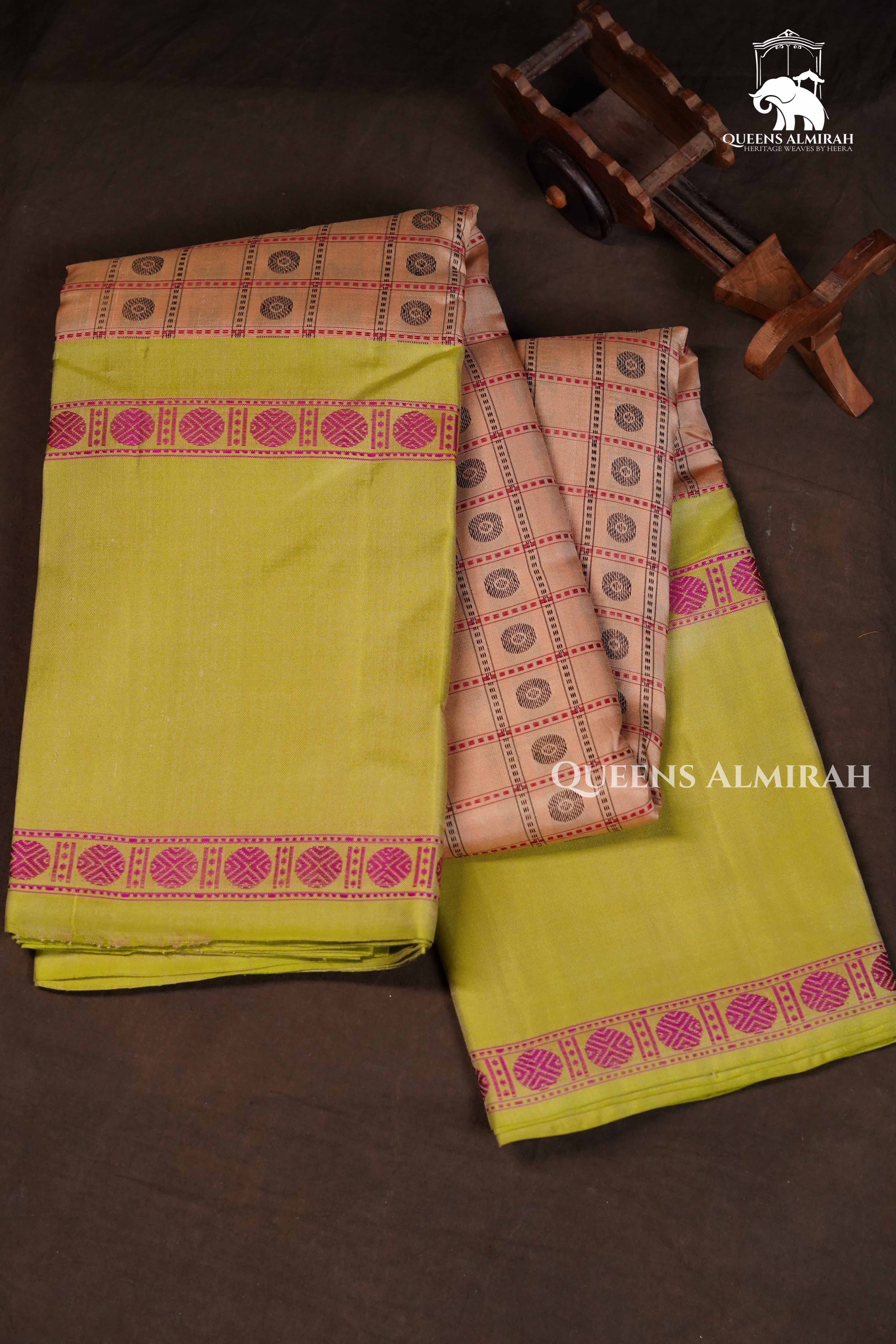 Light Peach With Light Green Kanchivaram Silk Saree QUEENS ALMIRAH