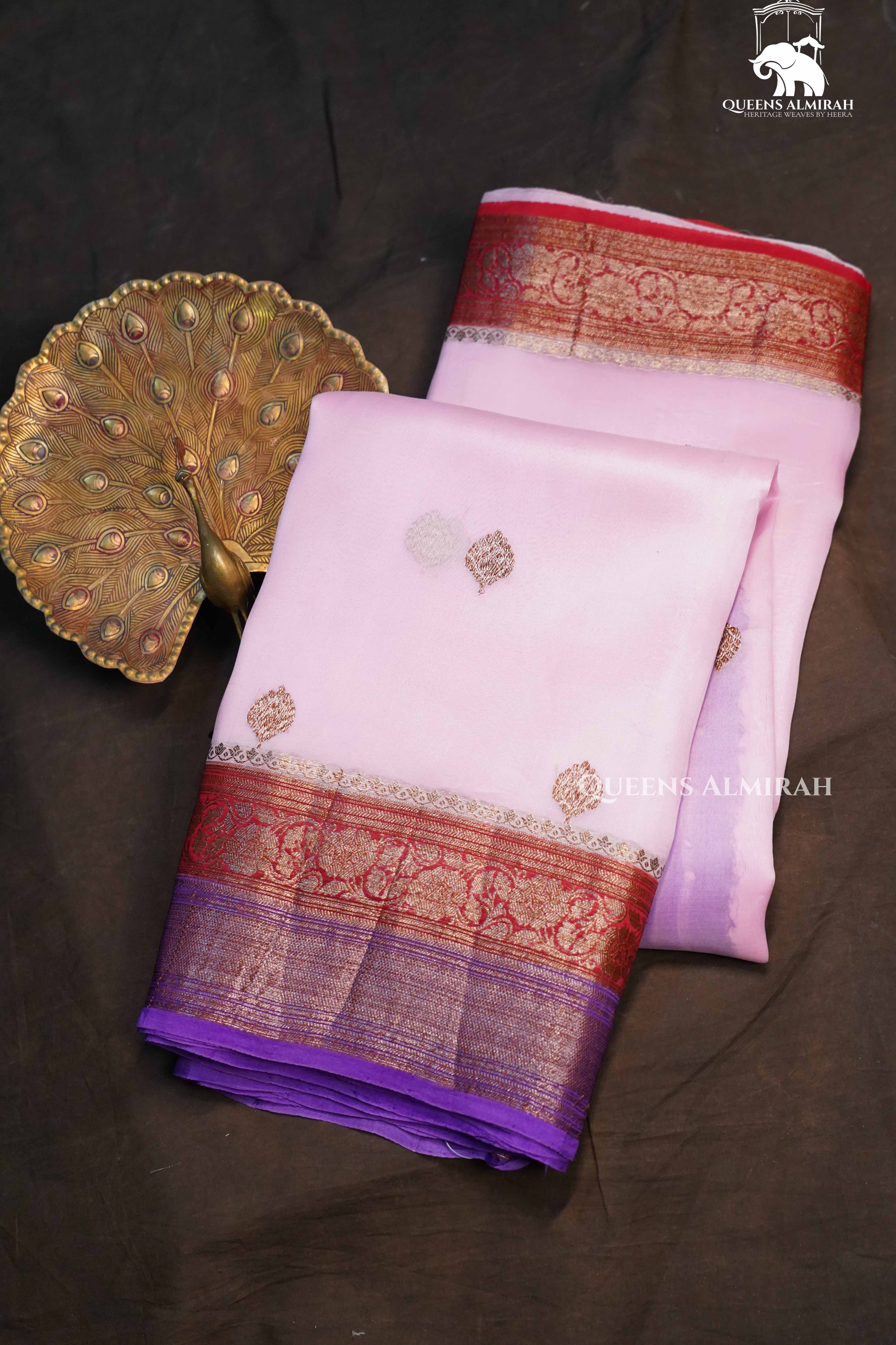 Lilac Pink With Red Brown Banarasi organza saree - Queens Jewel Emporium