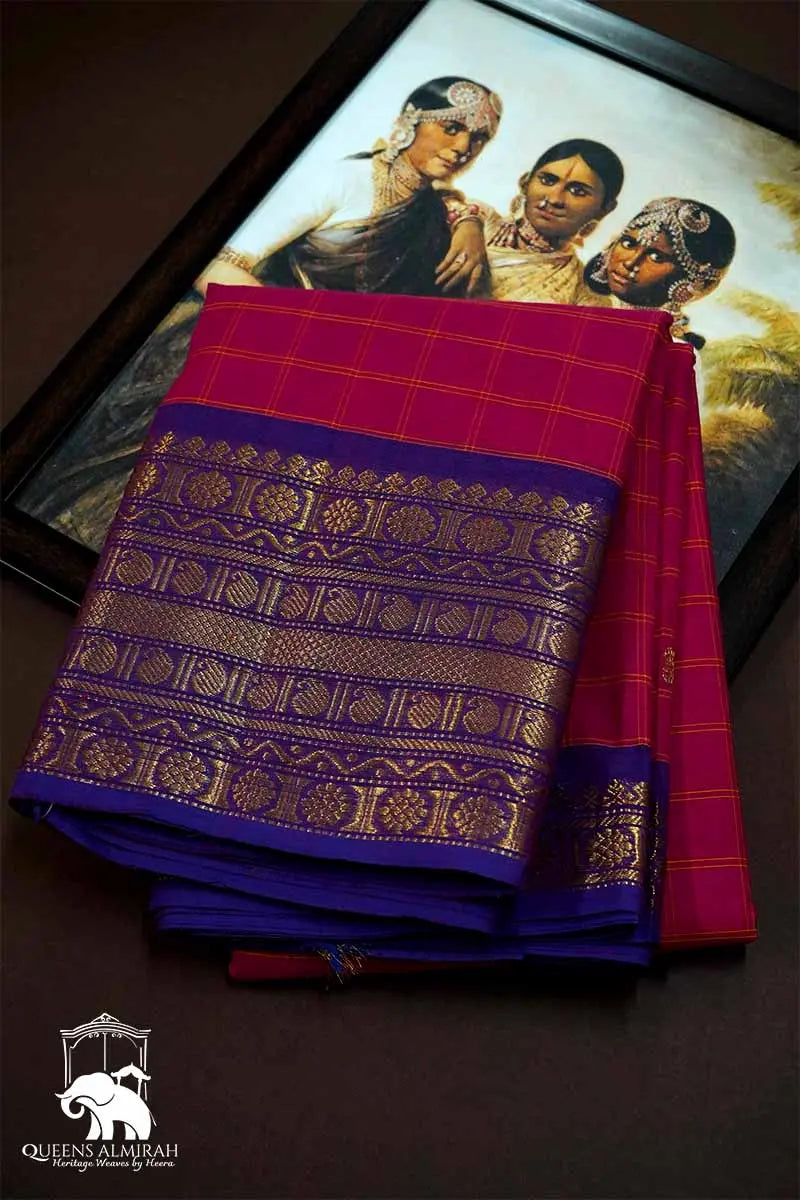 MAGENTA RED WITH PURPLE KANCHI COTTON SAREE - Queens Jewel Emporium