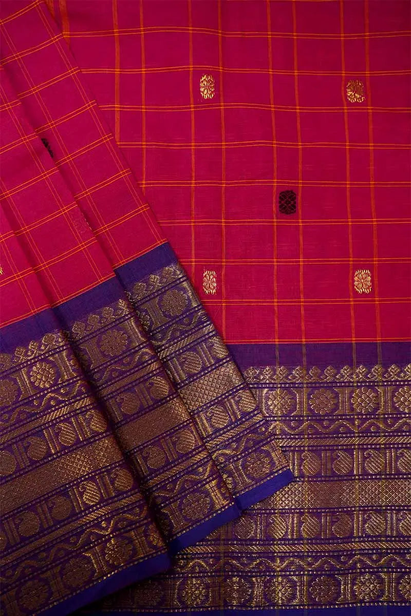 MAGENTA RED WITH PURPLE KANCHI COTTON SAREE - Queens Jewel Emporium