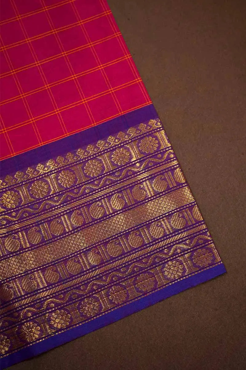 MAGENTA RED WITH PURPLE KANCHI COTTON SAREE - Queens Jewel Emporium