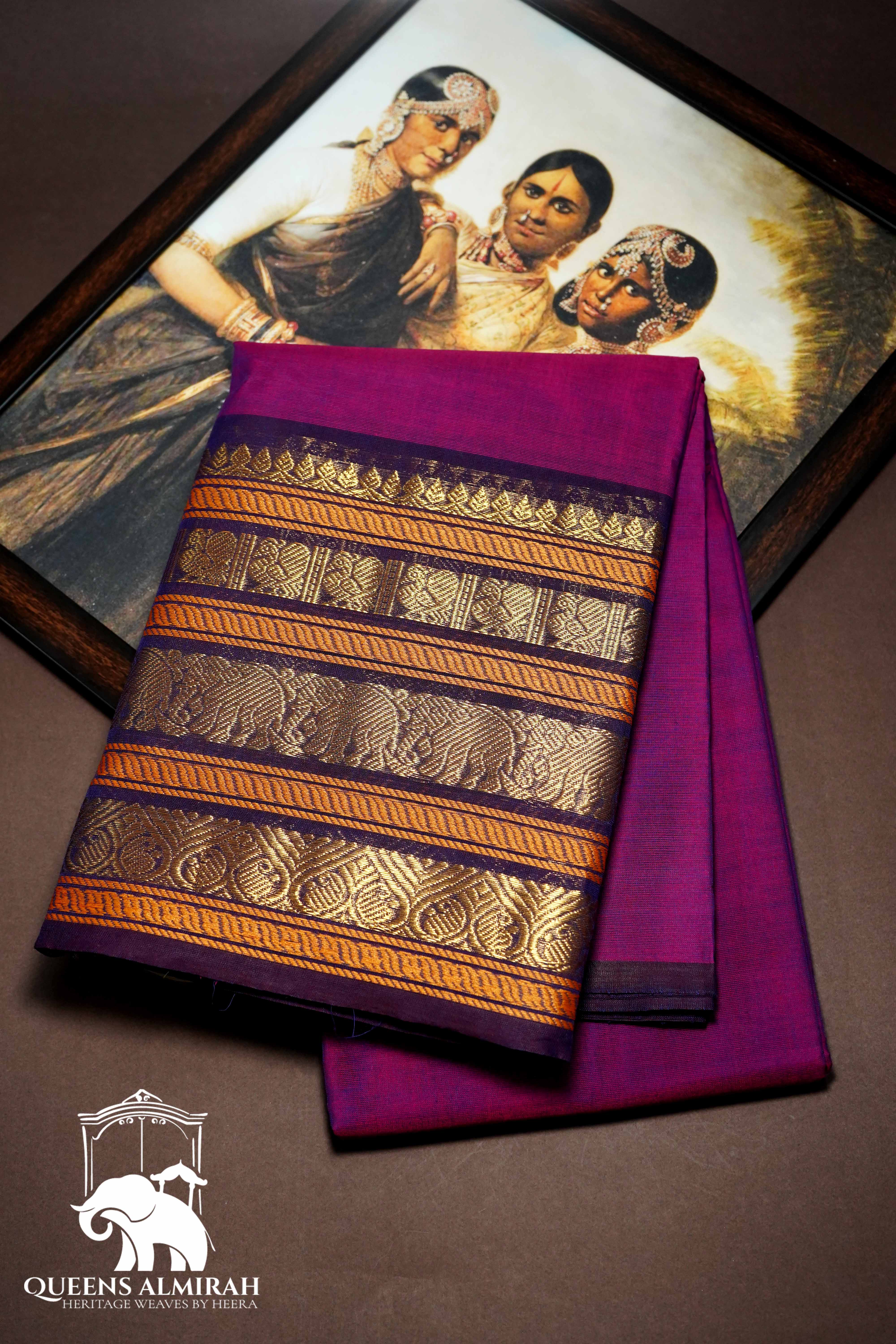 MAGENTA WITH DARK PURPLE KANCHI COTTON SAREE - Queens Jewel Emporium
