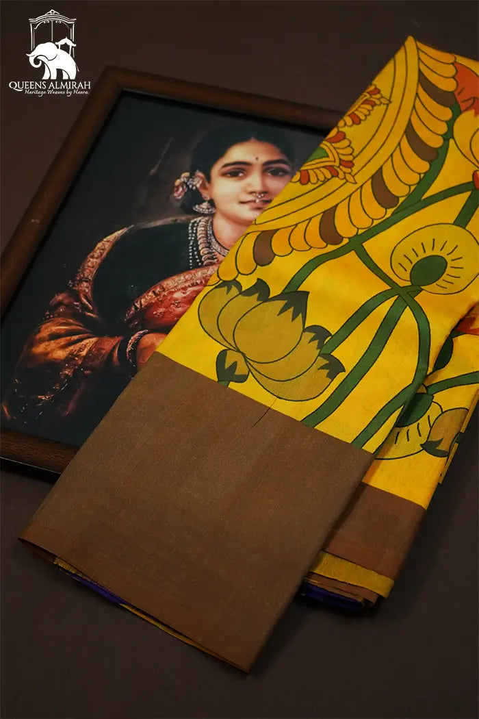 MANGO YELLOW WITH COCOA BROWN KANCHIVARAM SILK SAREE - Queens Jewel Emporium