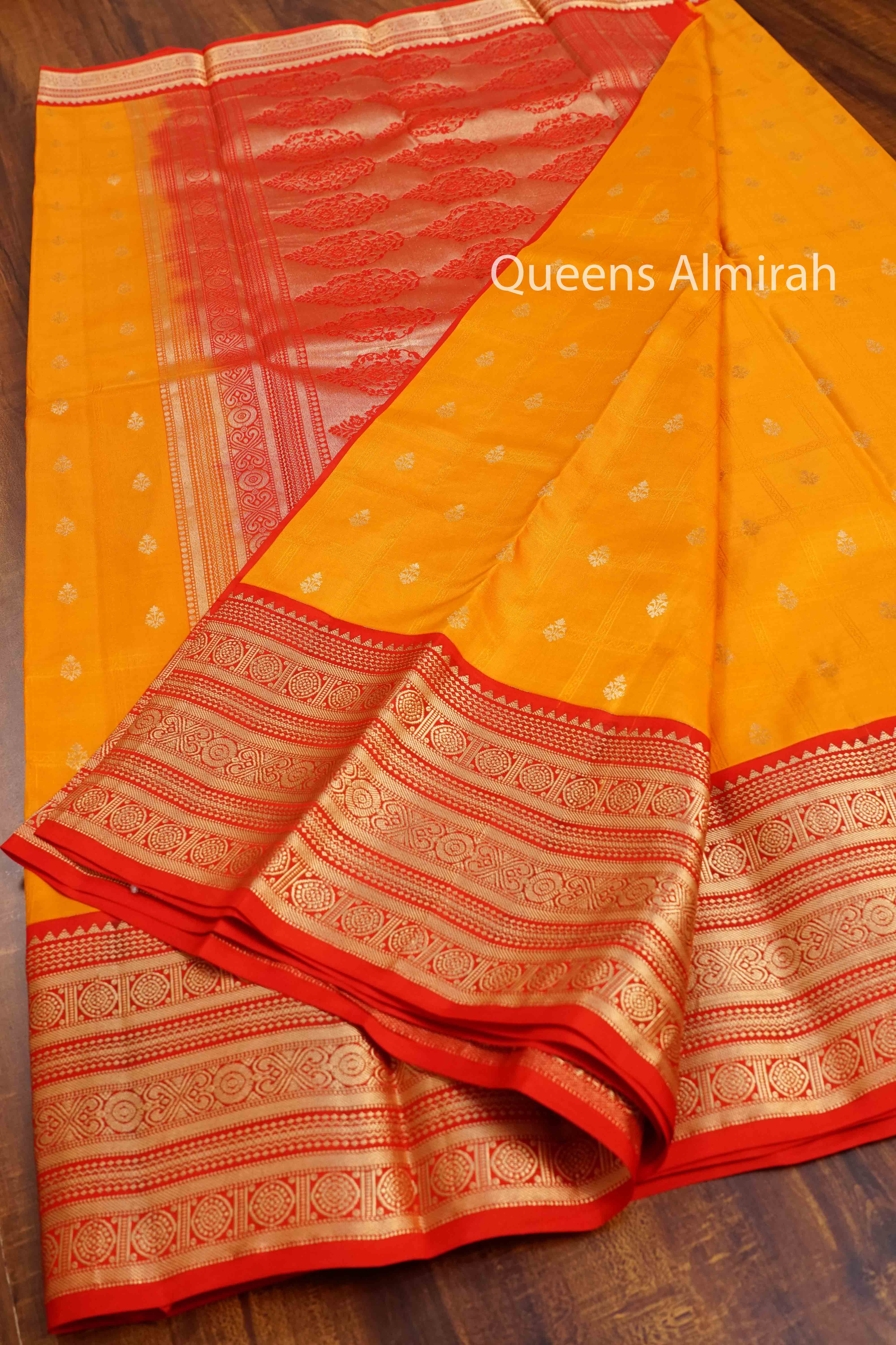 MANGO YELLOW WITH RED PURE KANCHIVARAM SILK SAREE - Queens Jewel Emporium