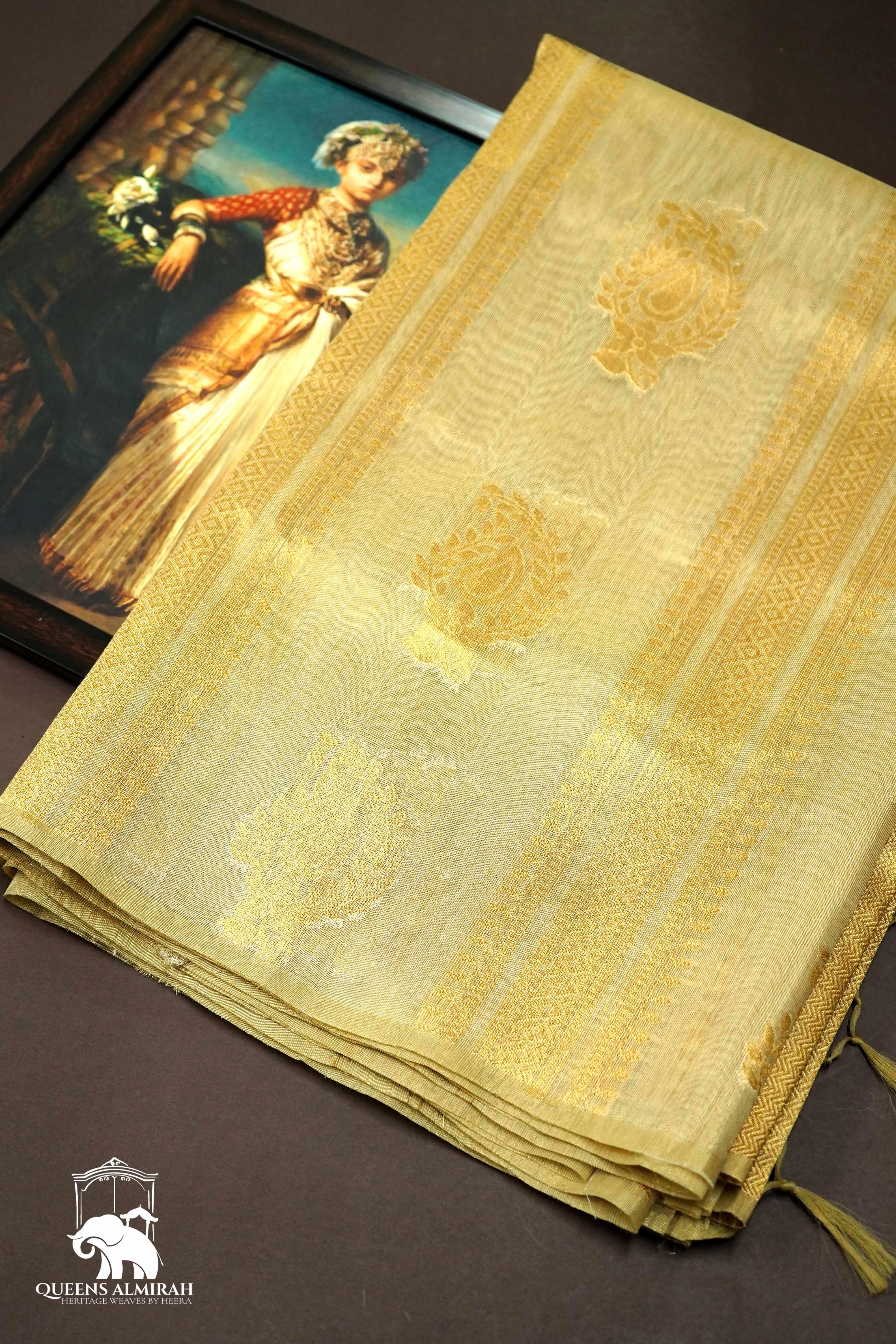 METALIC GOLD WITH WOVEN BORDER ORGANZA SAREE - Queens Jewel Emporium
