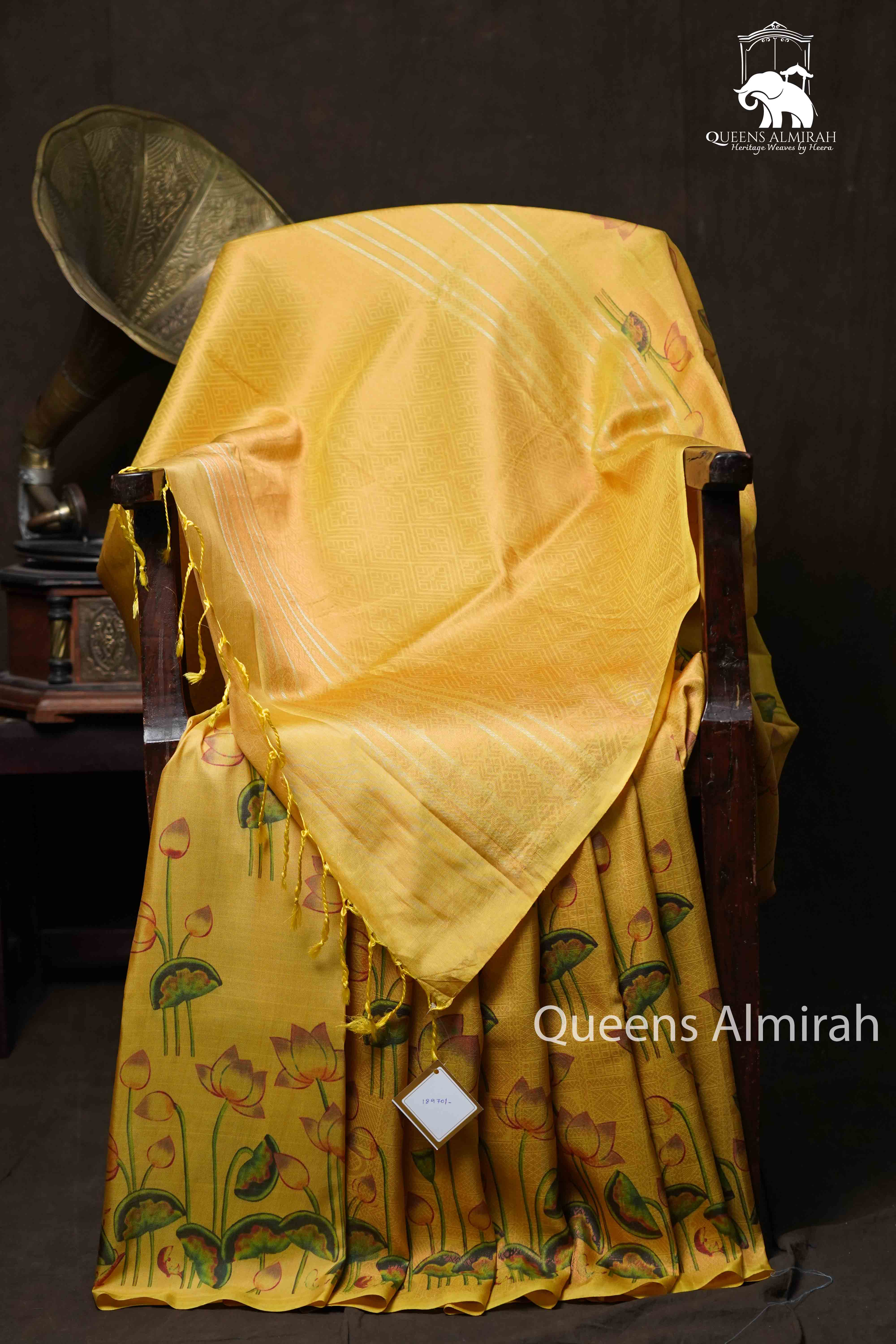 MUSTARD YELLOW PURE KANCHIVARM SILK SAREE - Queens Jewel Emporium