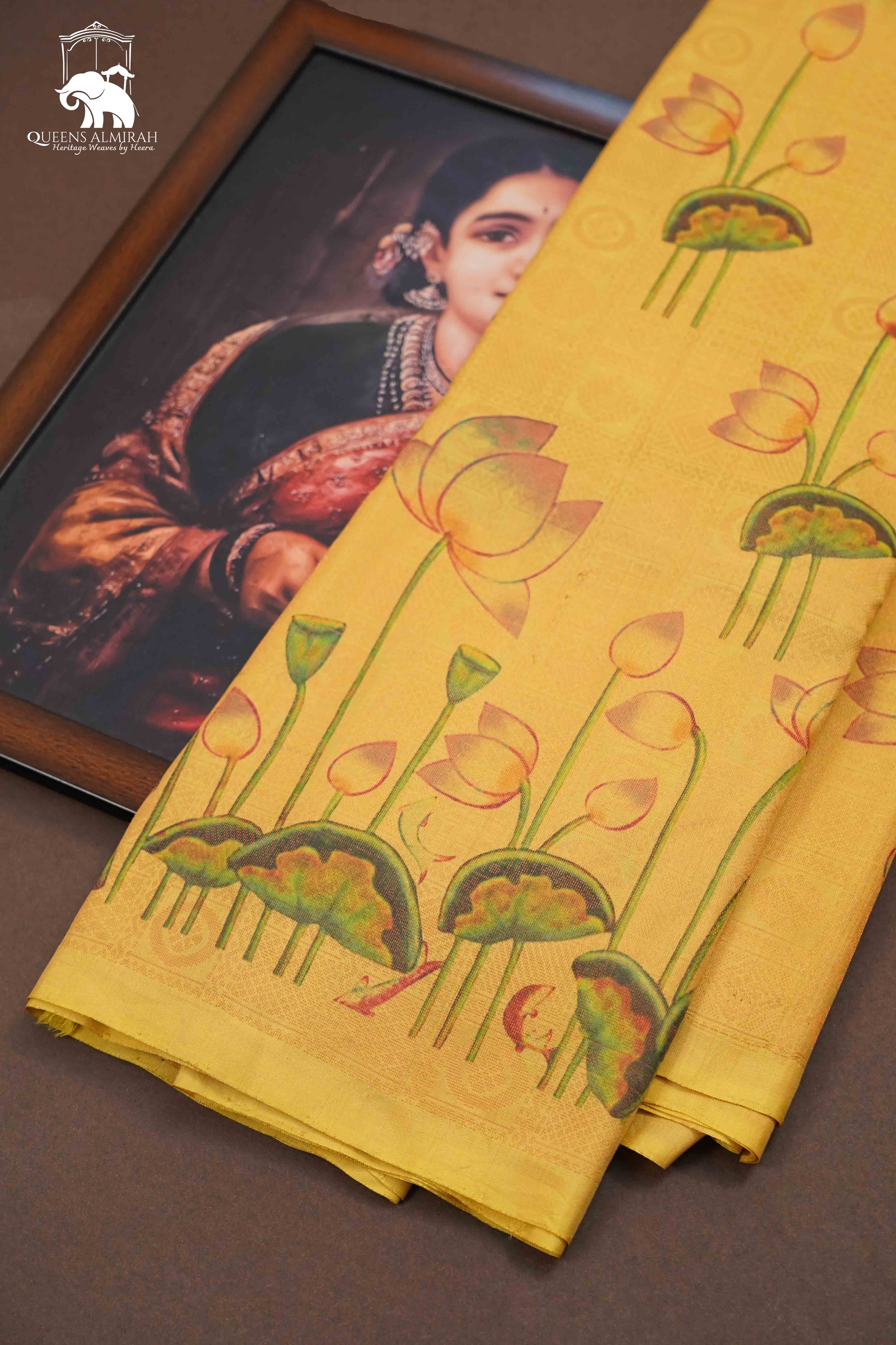 MUSTARD YELLOW PURE KANCHIVARM SILK SAREE - Queens Jewel Emporium