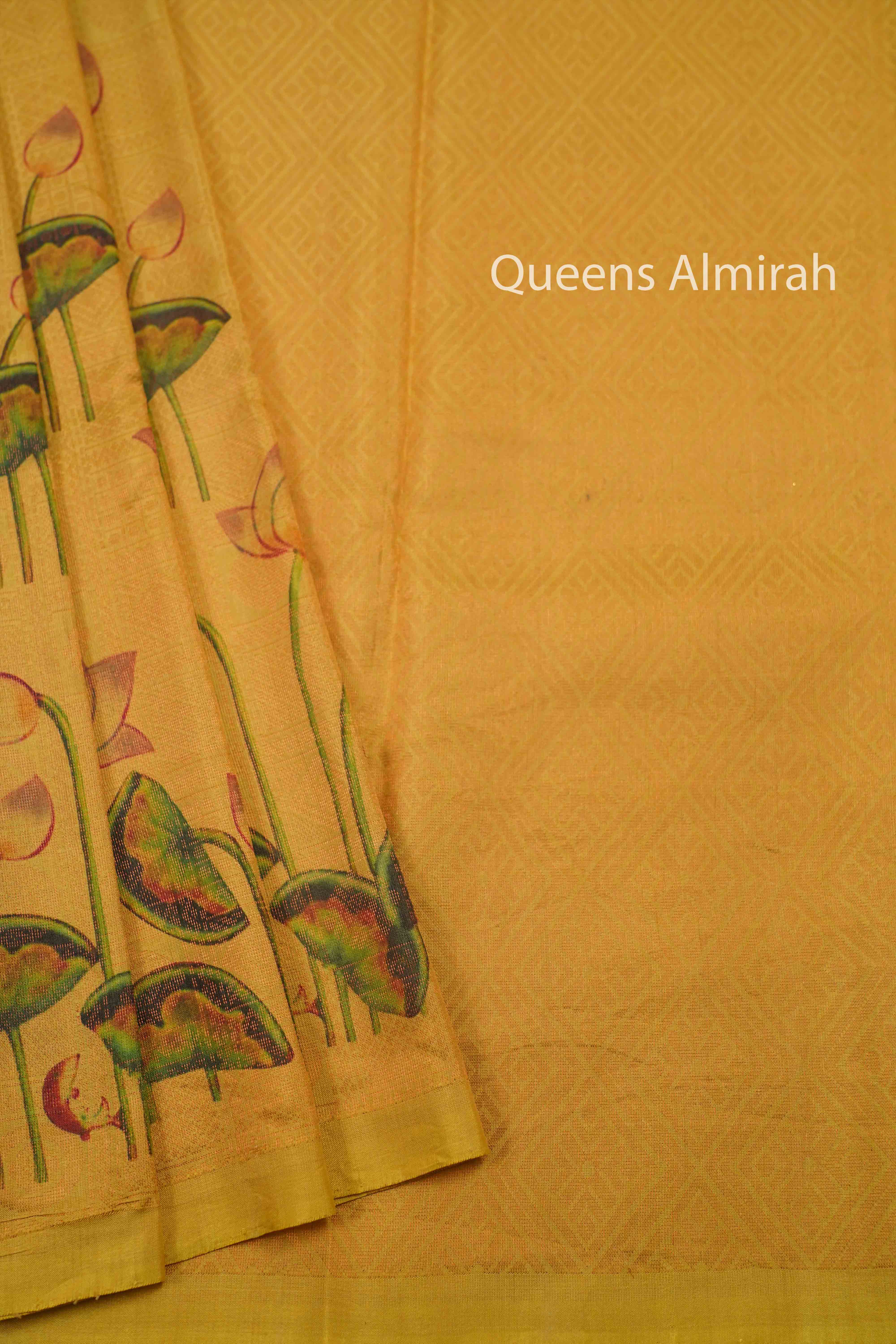 MUSTARD YELLOW PURE KANCHIVARM SILK SAREE - Queens Jewel Emporium