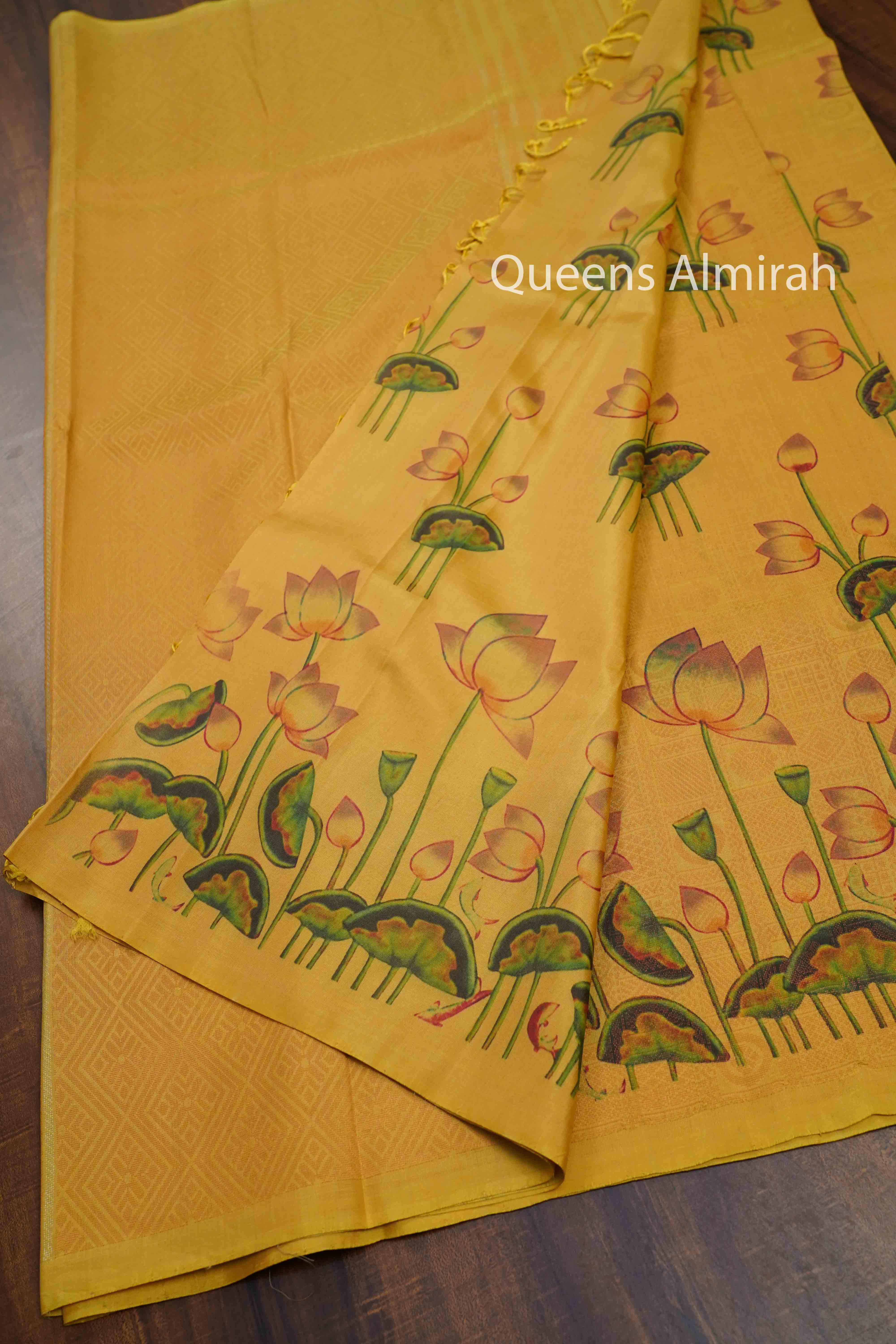 MUSTARD YELLOW PURE KANCHIVARM SILK SAREE - Queens Jewel Emporium