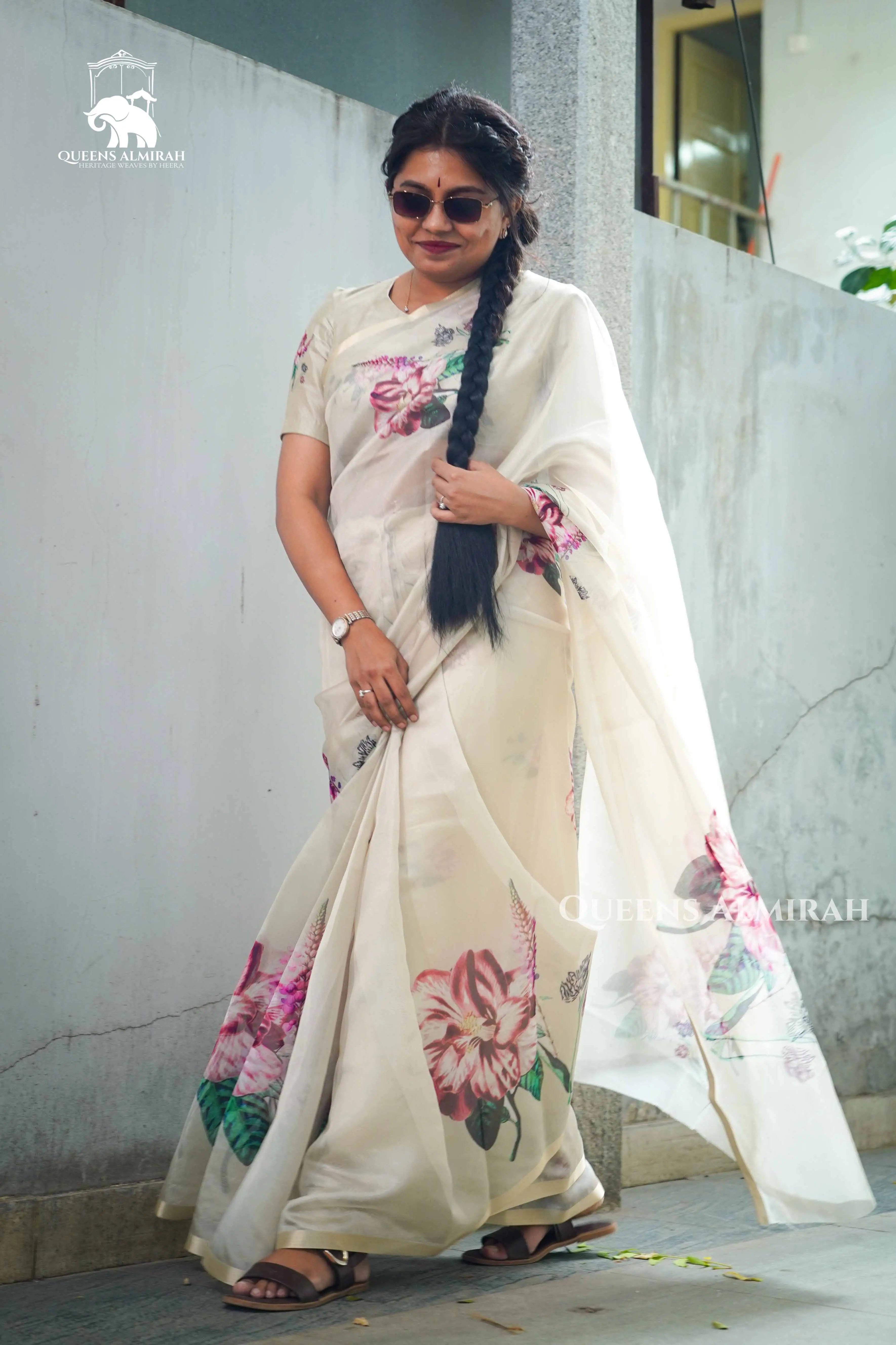 Mahanati Off-White Floral Organza Saree QUEENS ALMIRAH