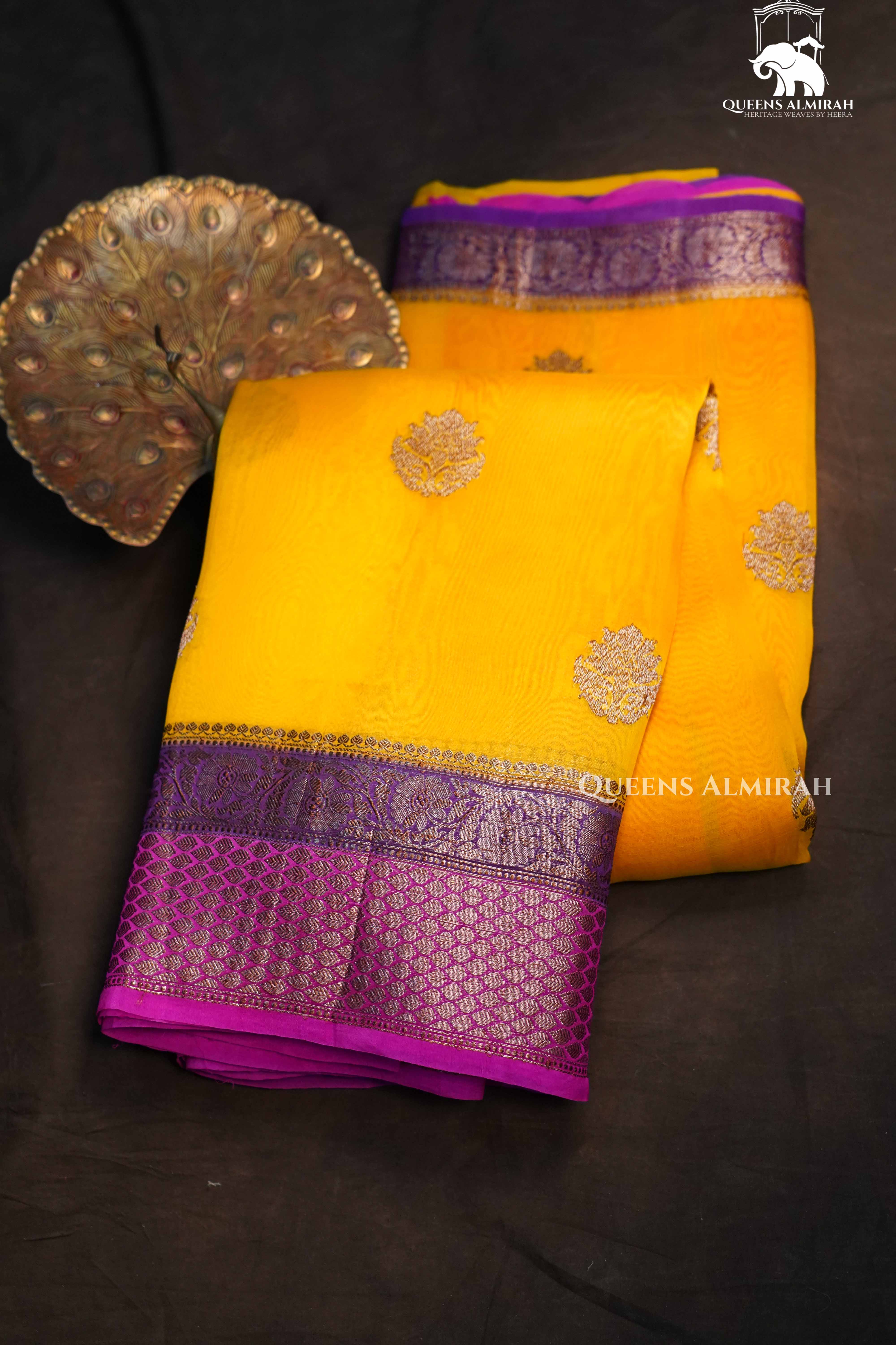 Mango Yellow With Warm Purple Banarasi Organza saree - Queens Jewel Emporium