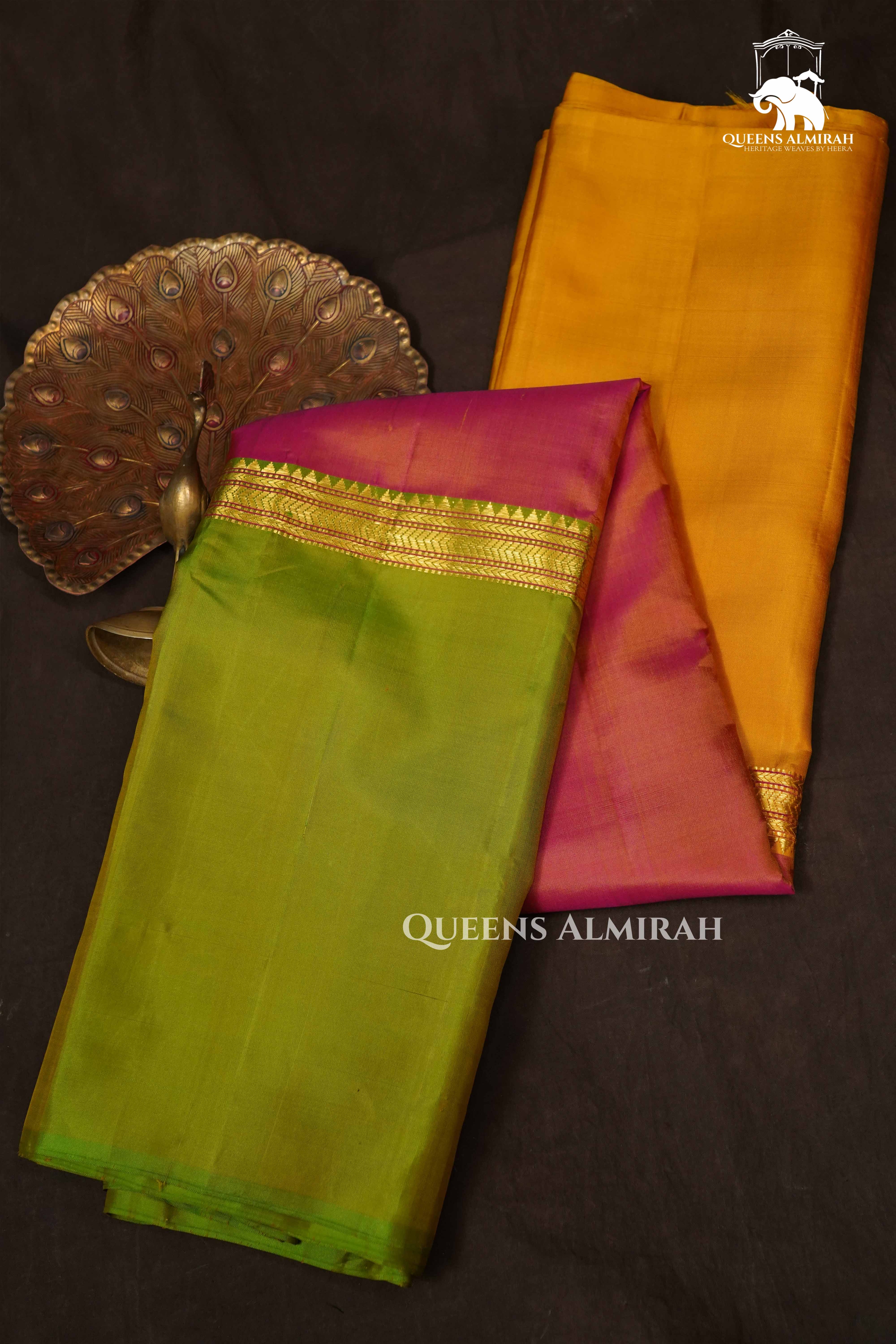 Muppagam Pure Kanchivaram silk saree (yellow,pink,green) QUEENS ALMIRAH