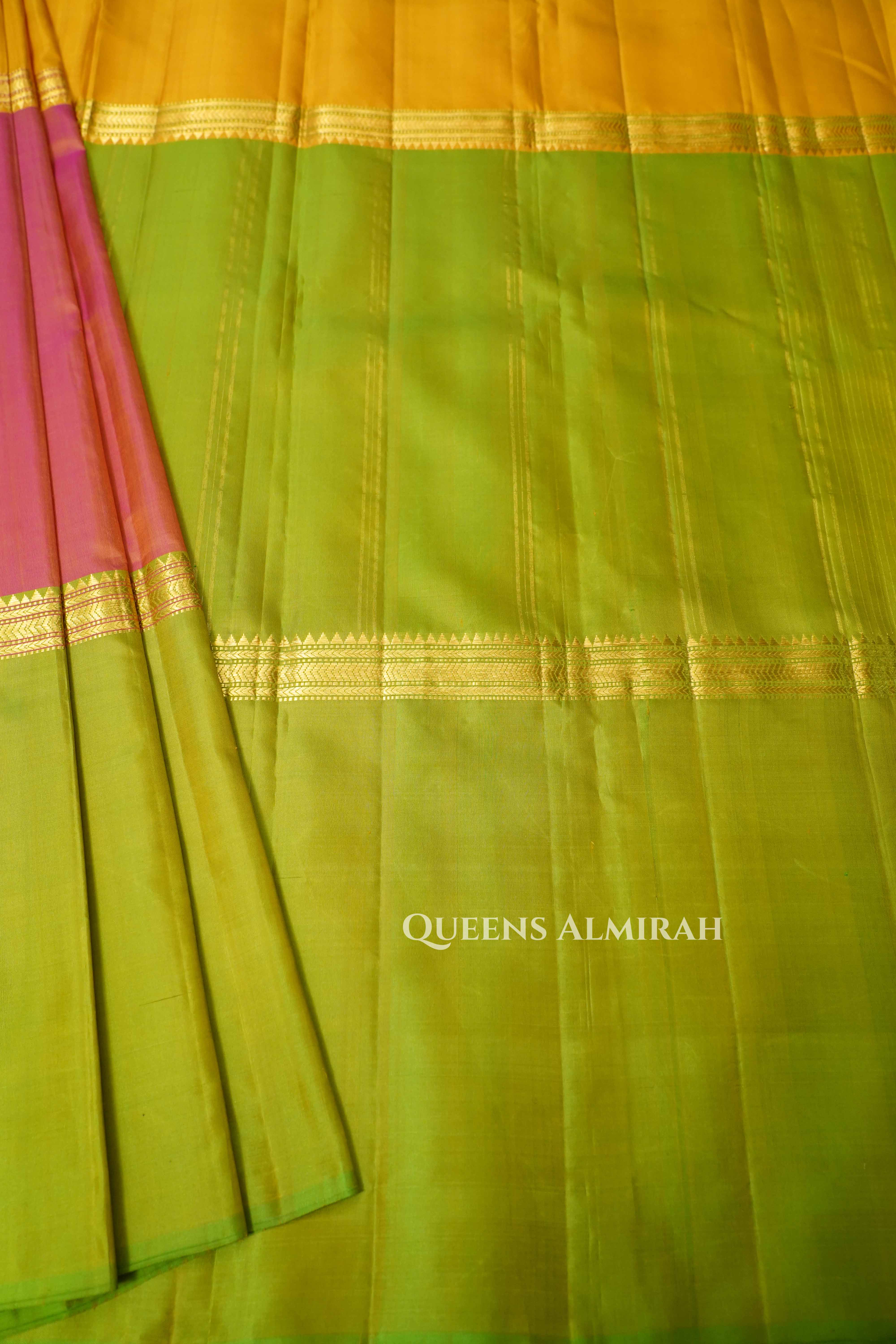 Muppagam Pure Kanchivaram silk saree (yellow,pink,green) QUEENS ALMIRAH