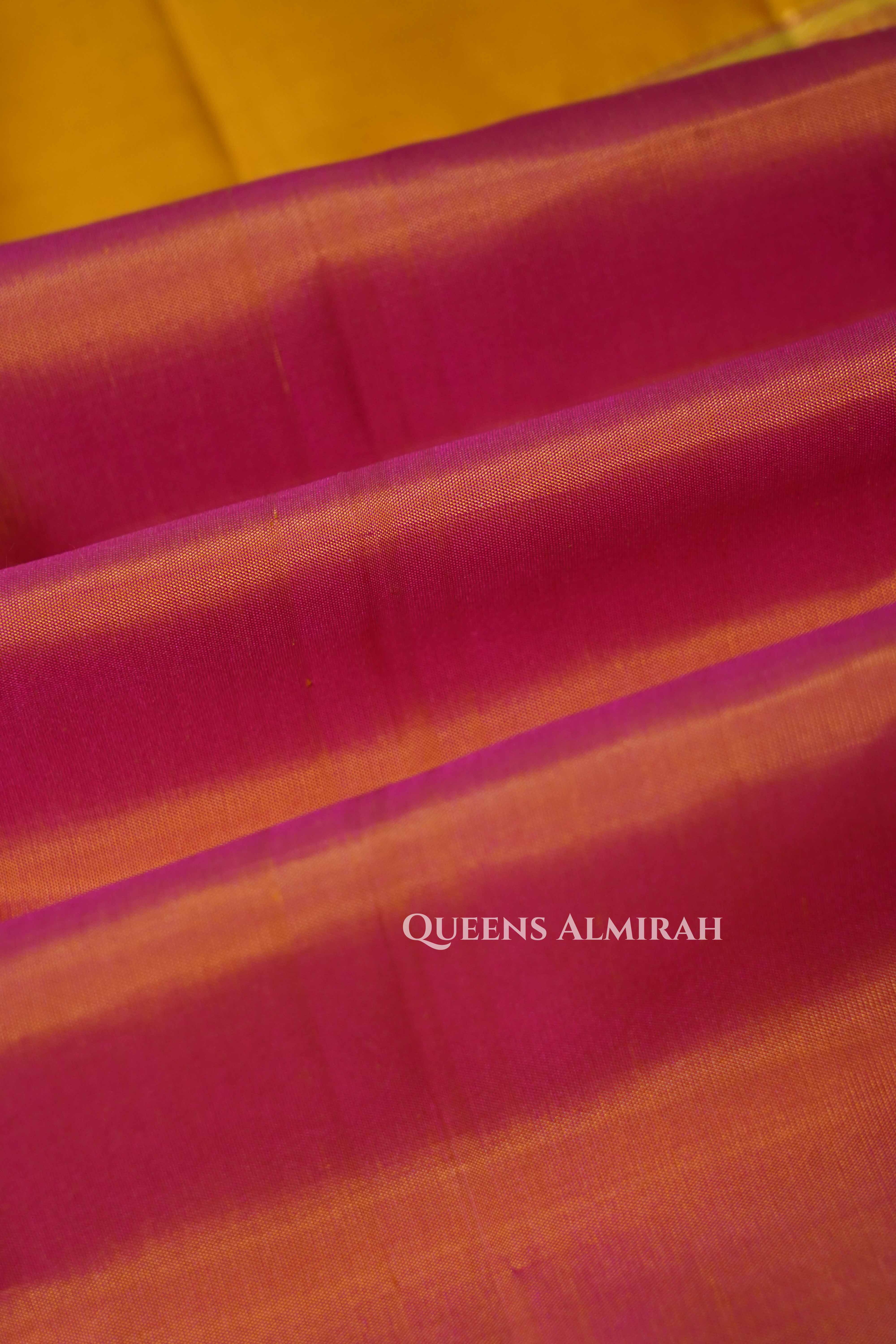 Muppagam Pure Kanchivaram silk saree (yellow,pink,green) QUEENS ALMIRAH