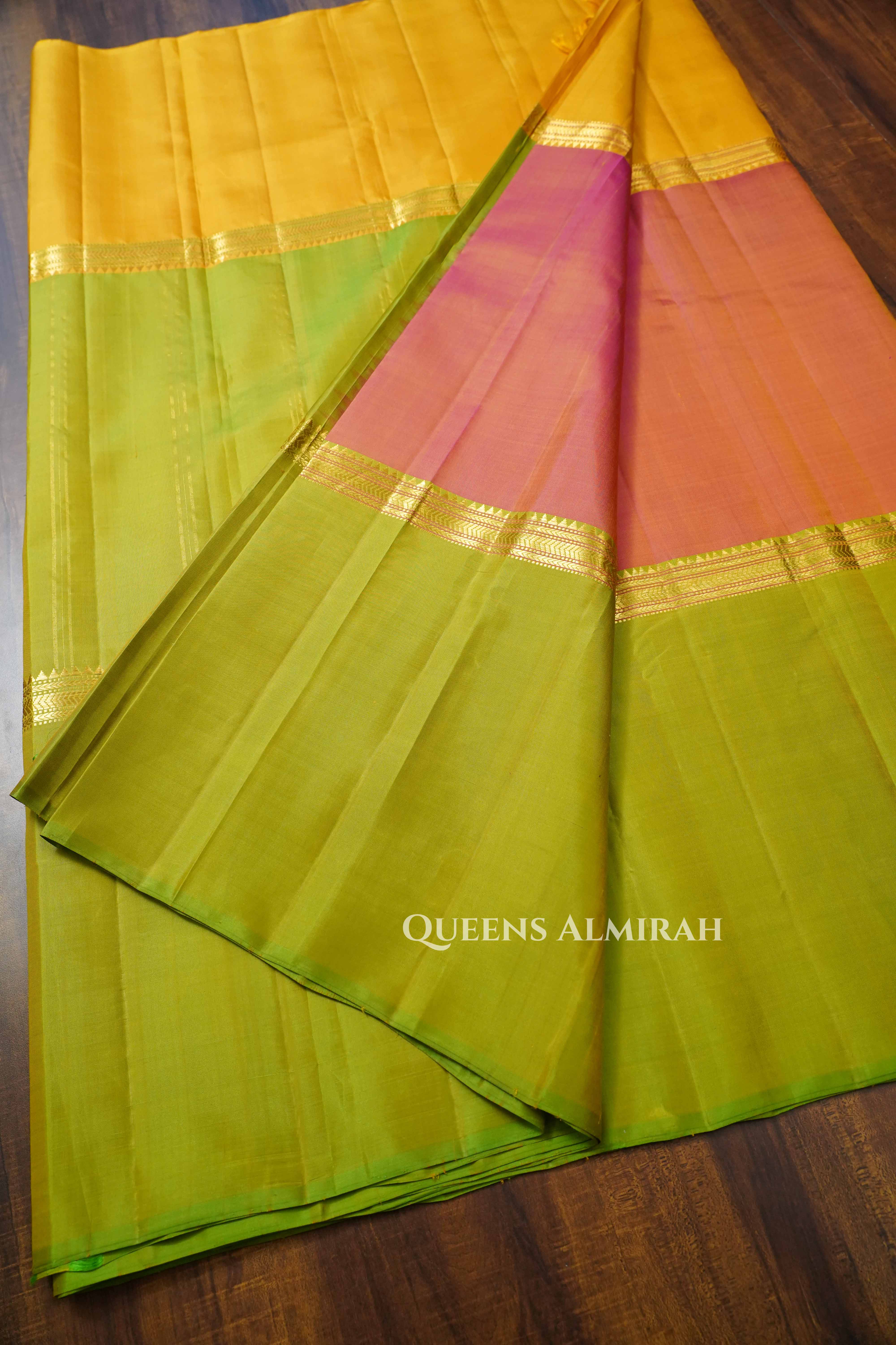 Muppagam Pure Kanchivaram silk saree (yellow,pink,green) QUEENS ALMIRAH