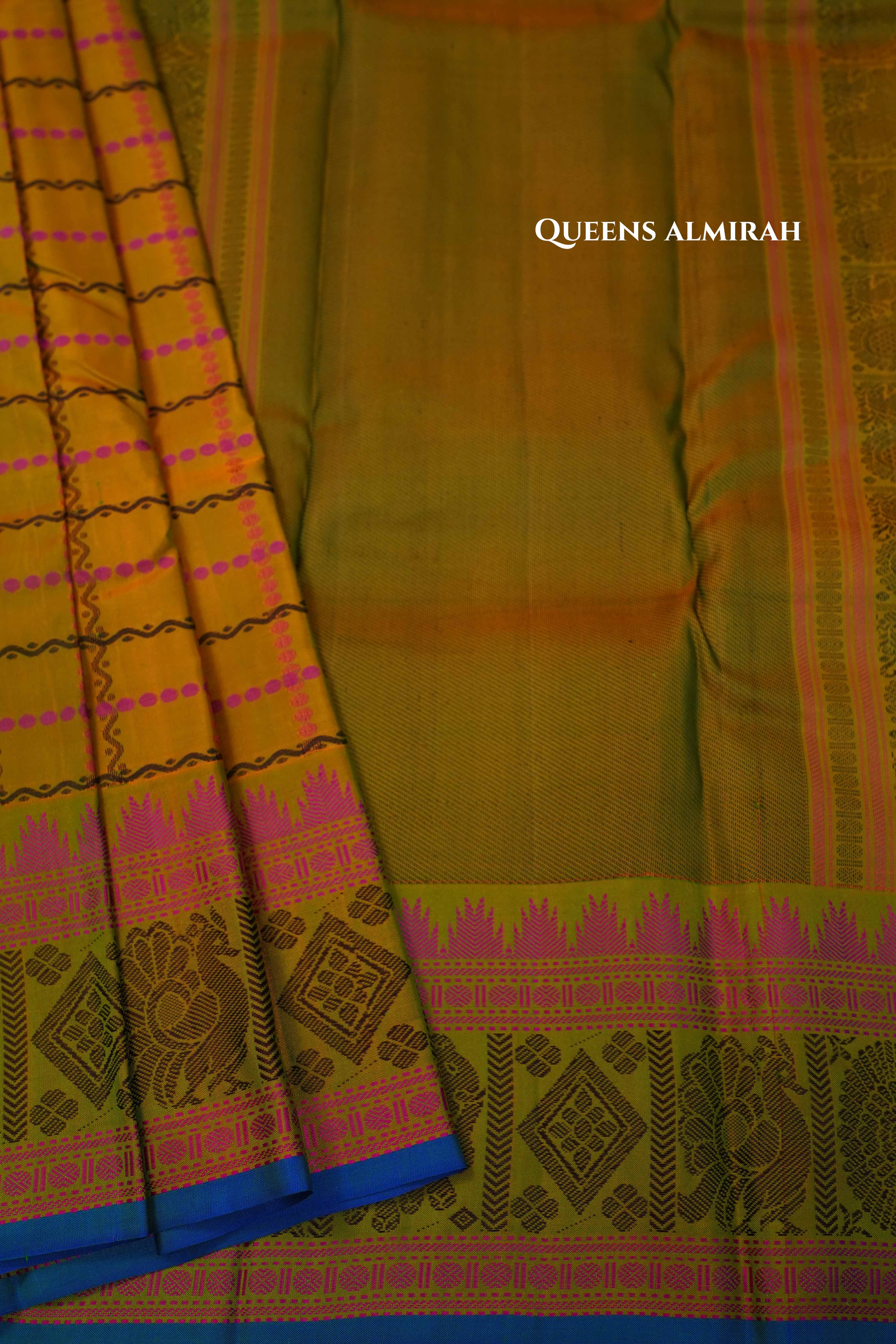 Mustard Yellow Pure Kanchivaram Silk Saree QUEENS ALMIRAH