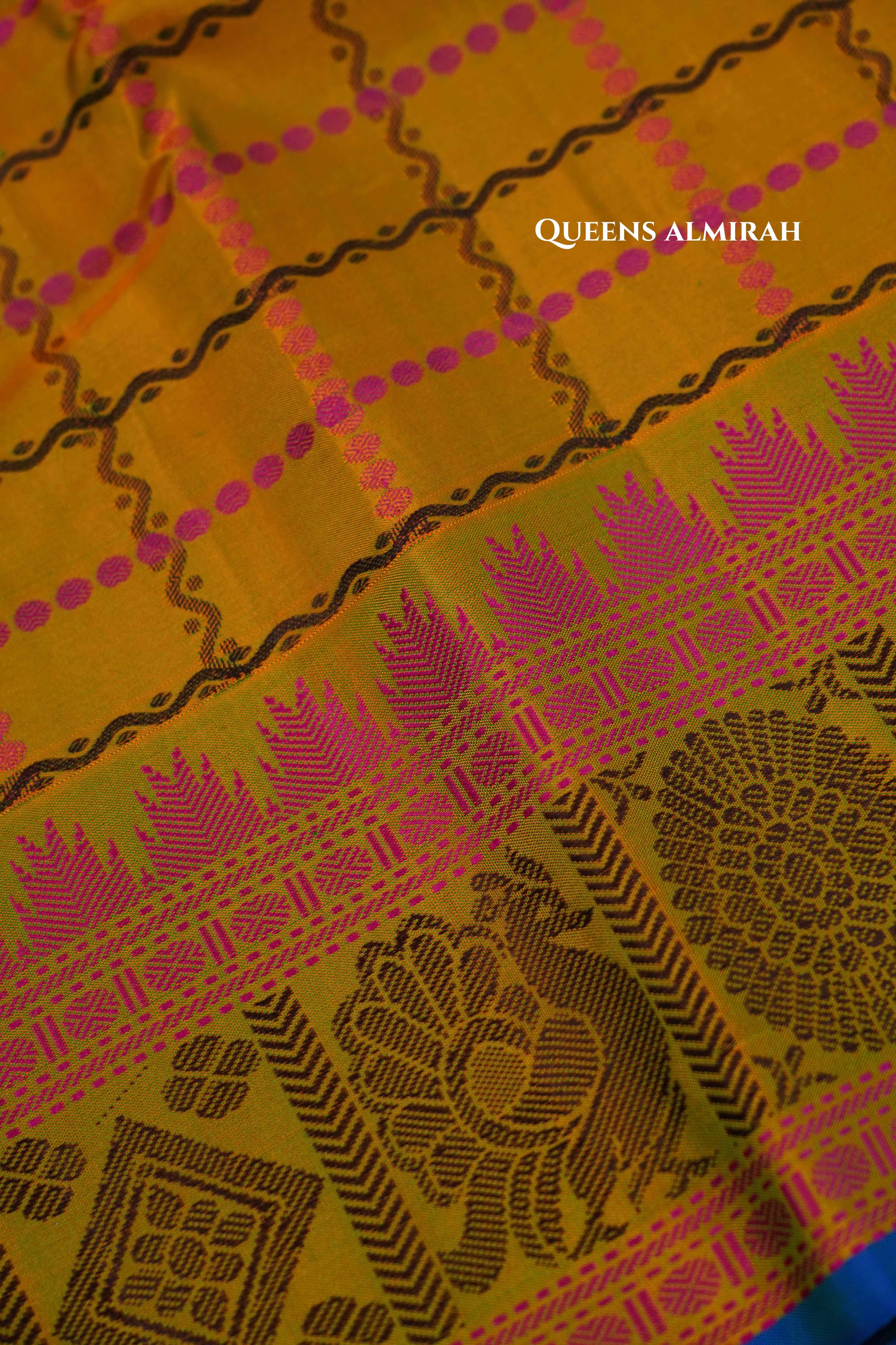 Mustard Yellow Pure Kanchivaram Silk Saree QUEENS ALMIRAH