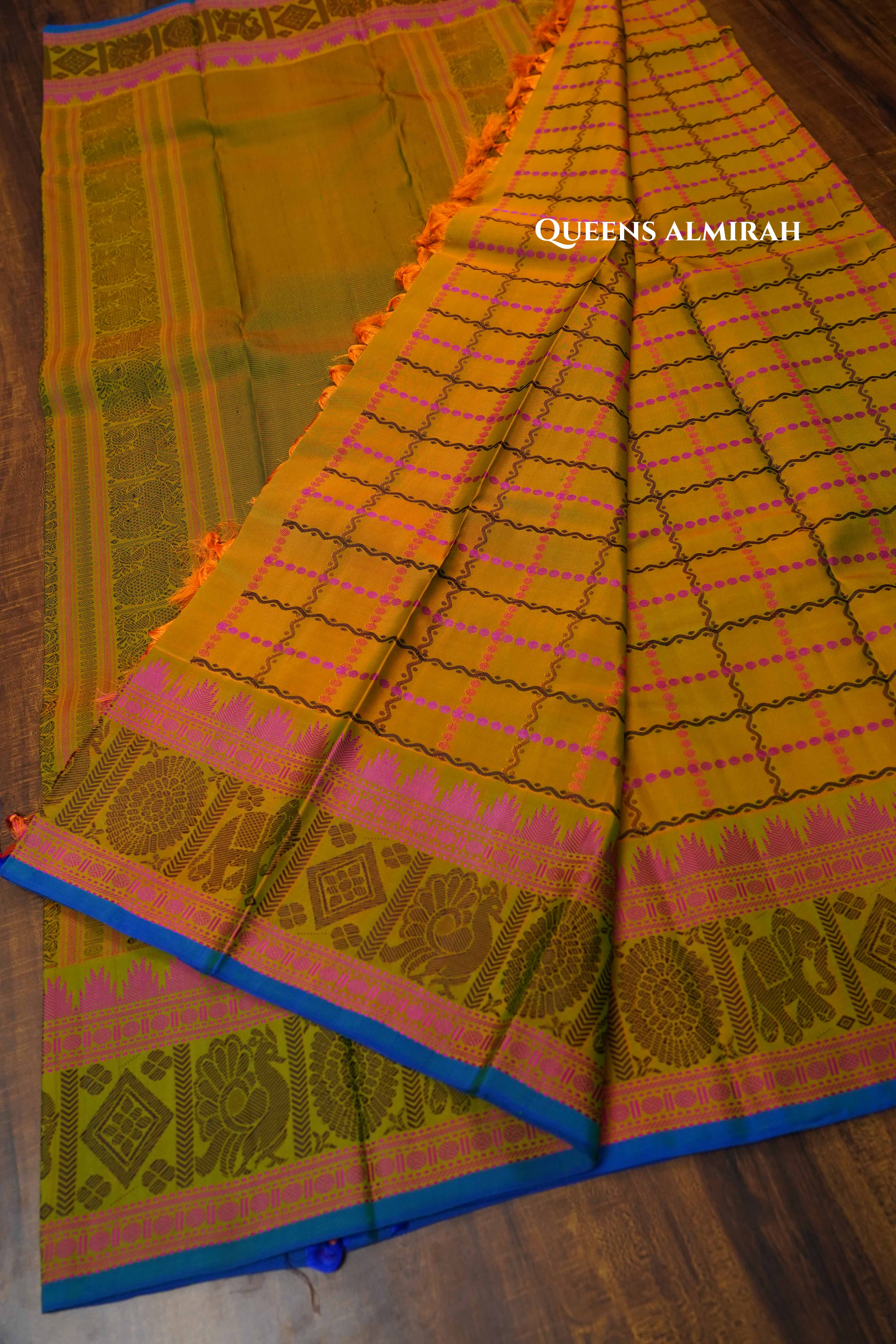 Mustard Yellow Pure Kanchivaram Silk Saree QUEENS ALMIRAH