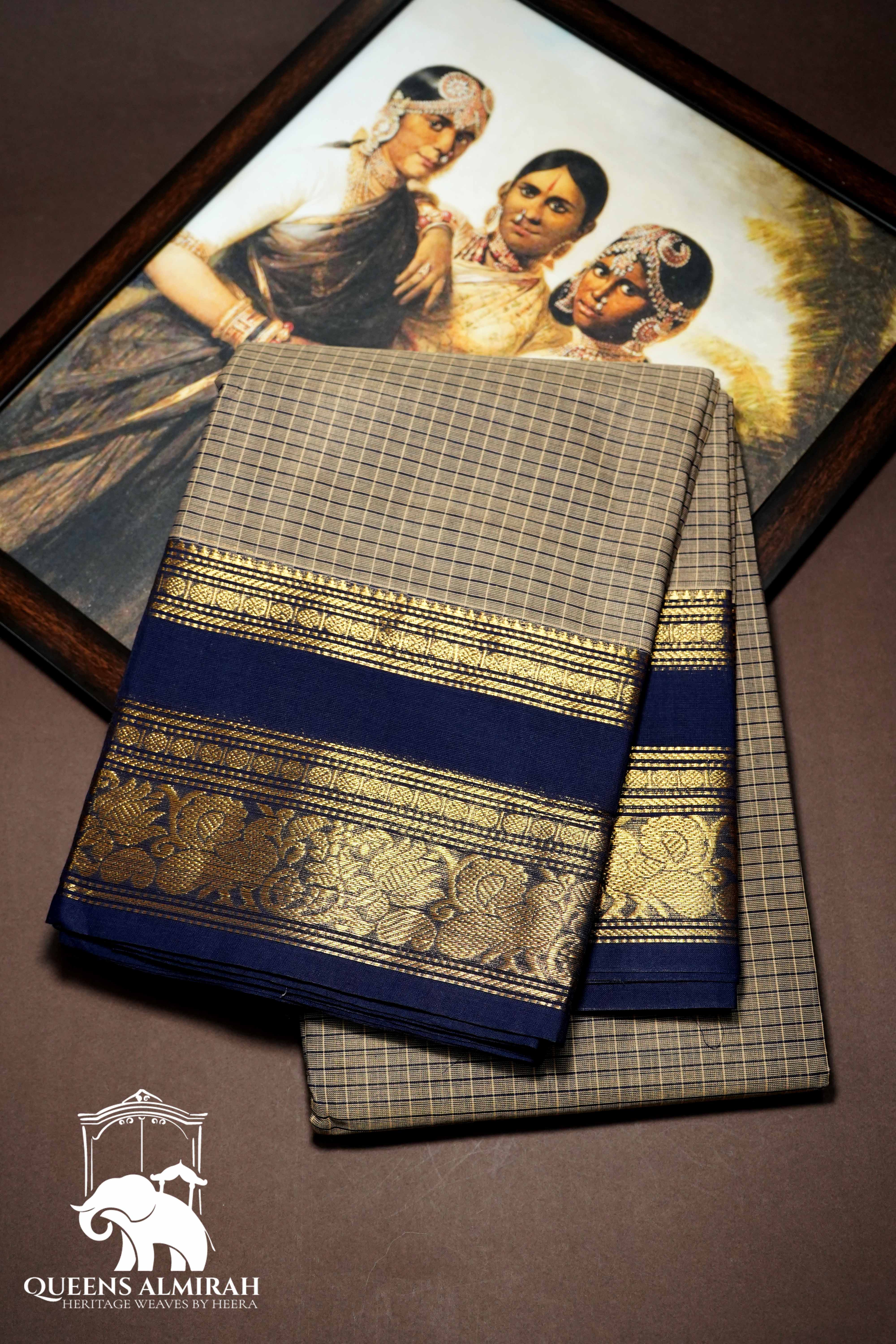 NATURAL GREY WITH DARK BLUE KANCHI COTTON SAREE - Queens Jewel Emporium