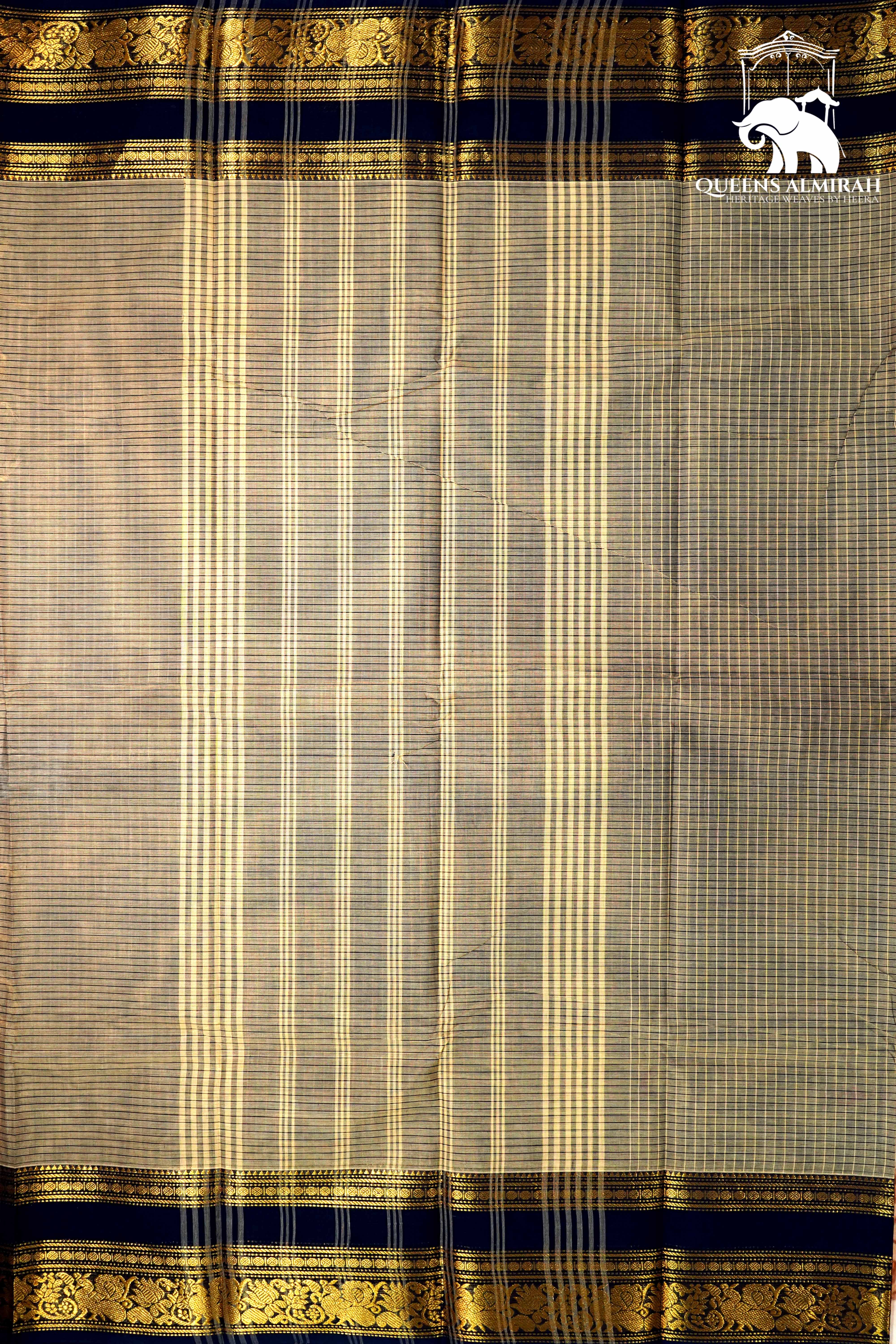 NATURAL GREY WITH DARK BLUE KANCHI COTTON SAREE - Queens Jewel Emporium