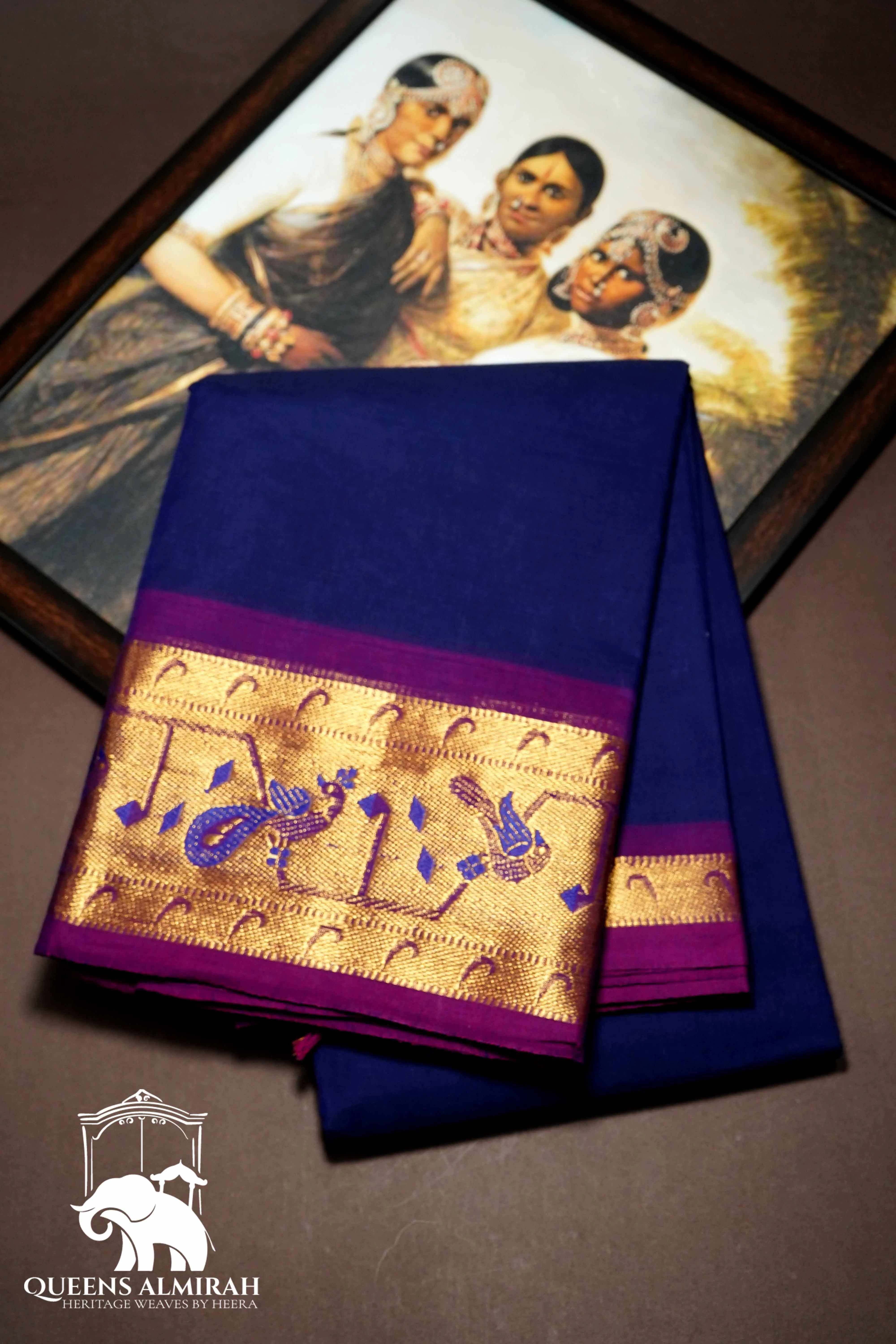 NAVY BLUE WITH GRAPE PURPLE KANCHI COTTON SAREE - Queens Jewel Emporium