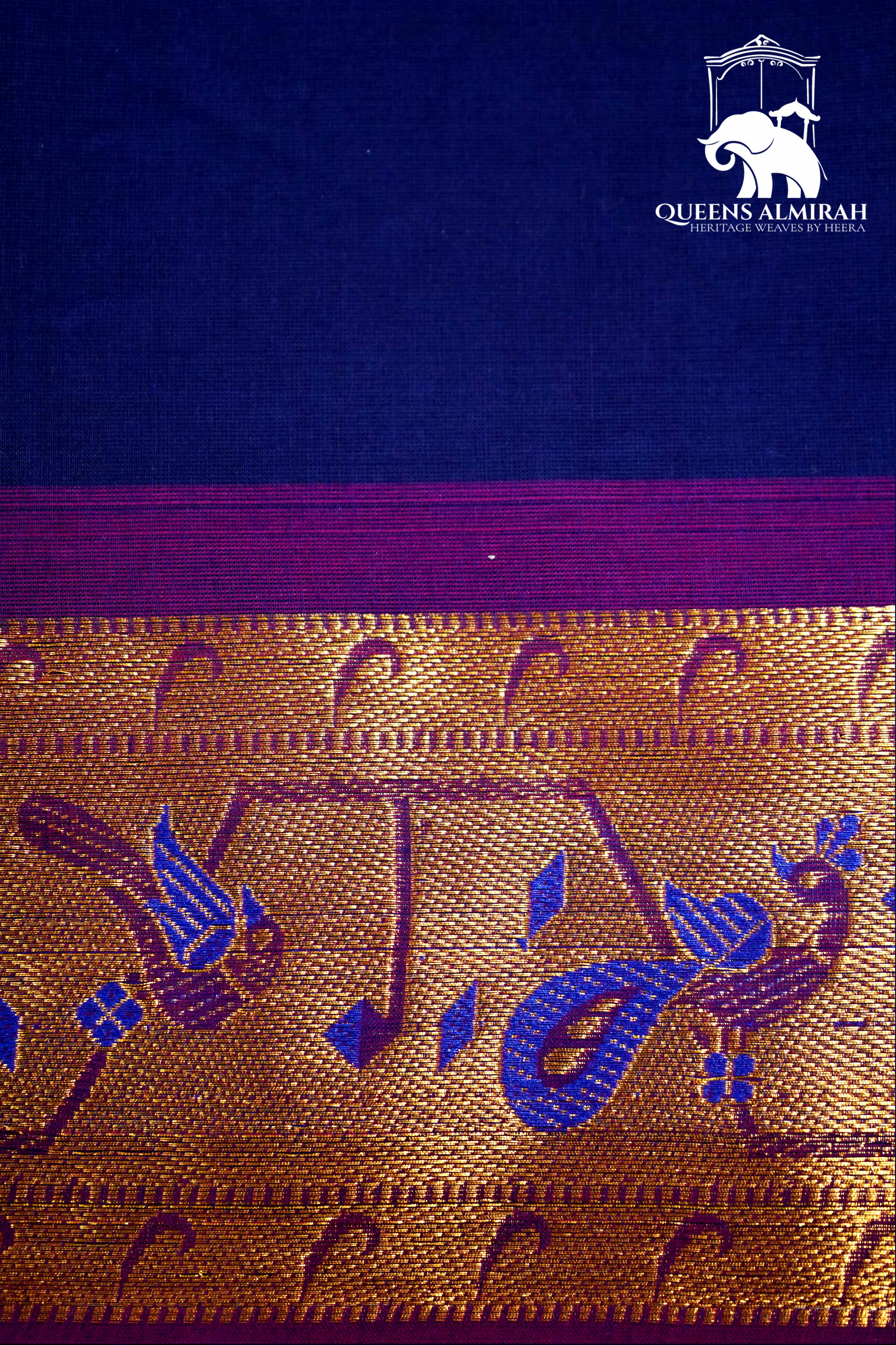 NAVY BLUE WITH GRAPE PURPLE KANCHI COTTON SAREE - Queens Jewel Emporium