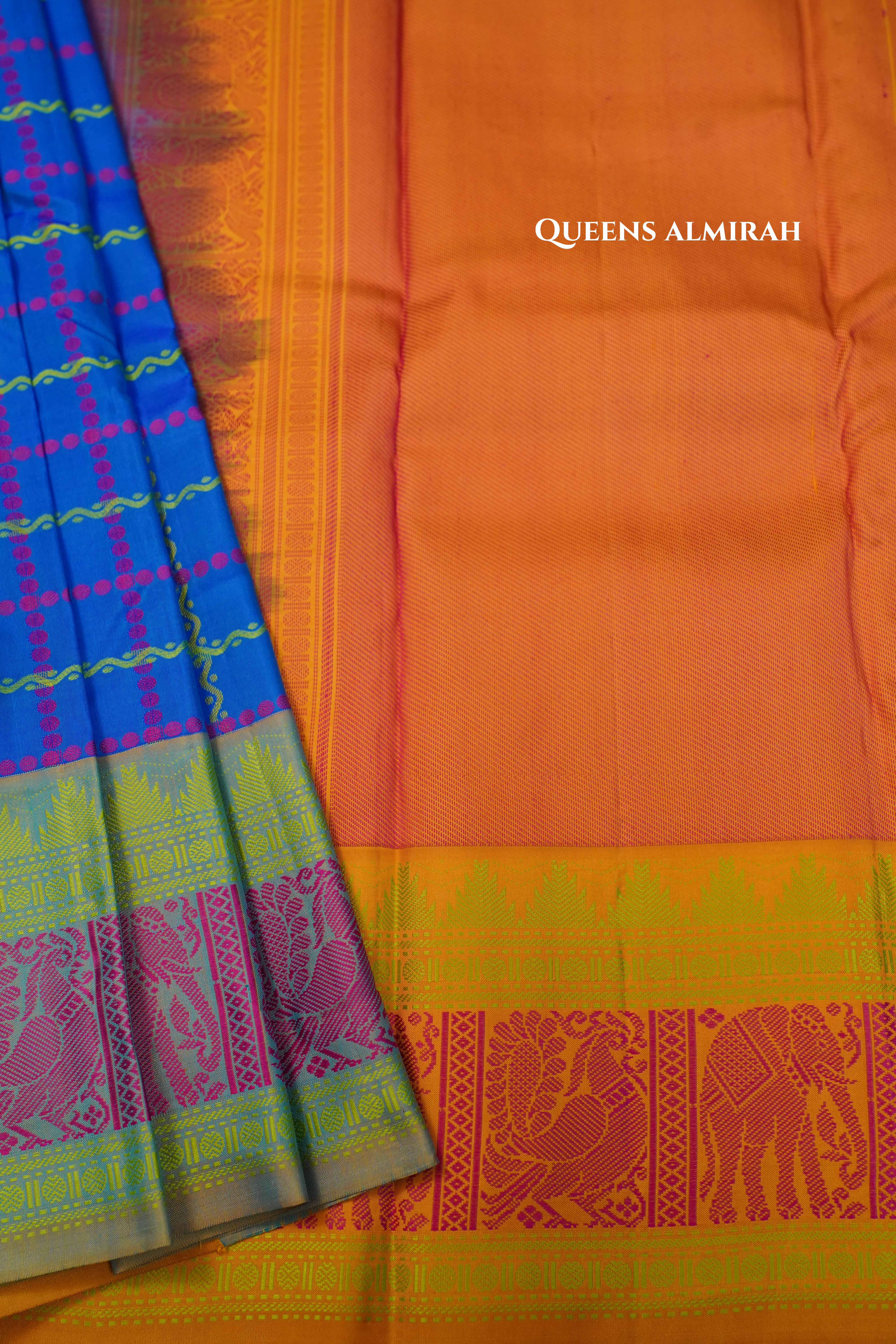 Navy Blue With Orange Pure Kanchivaram Silk Saree QUEENS ALMIRAH