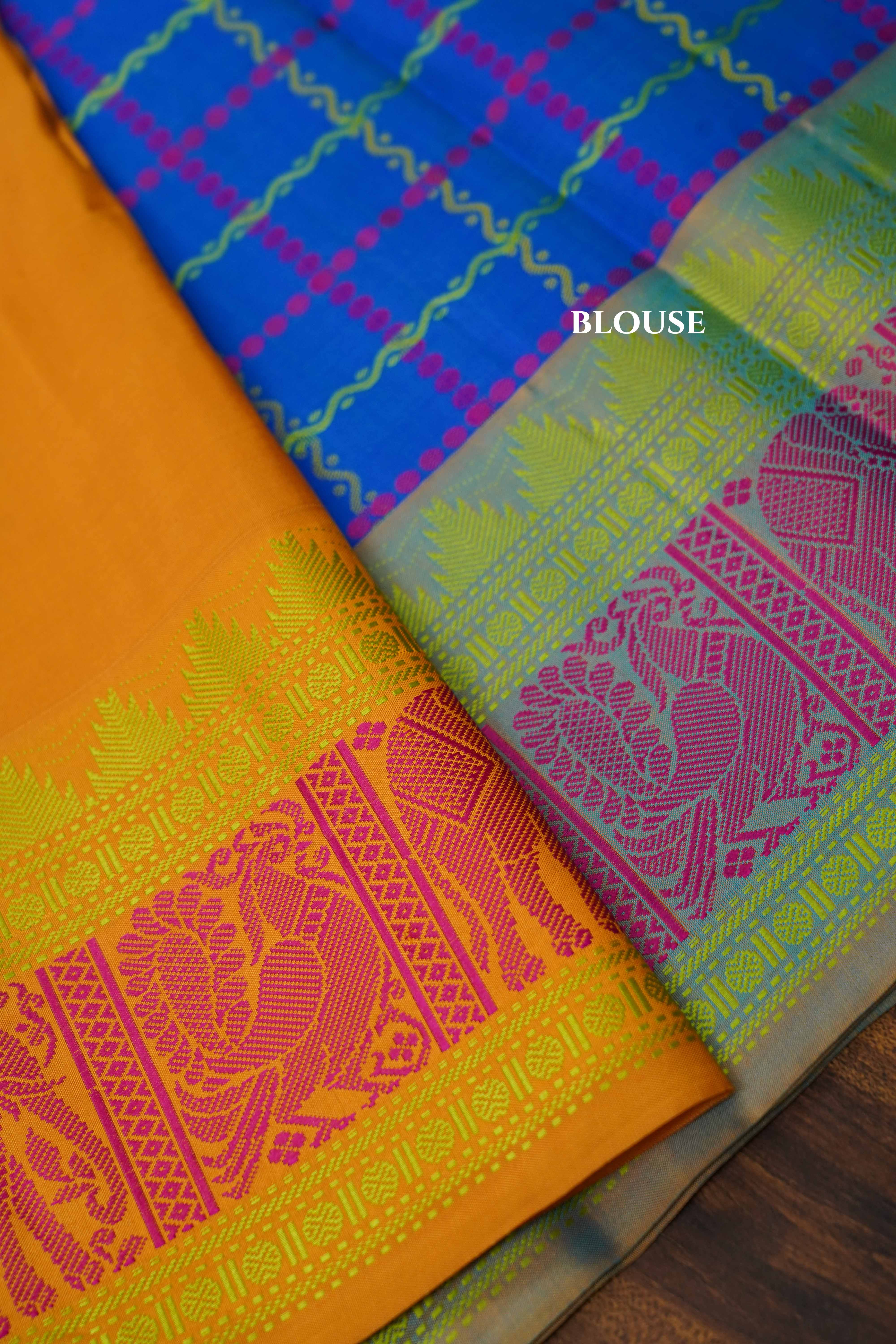 Navy Blue With Orange Pure Kanchivaram Silk Saree QUEENS ALMIRAH
