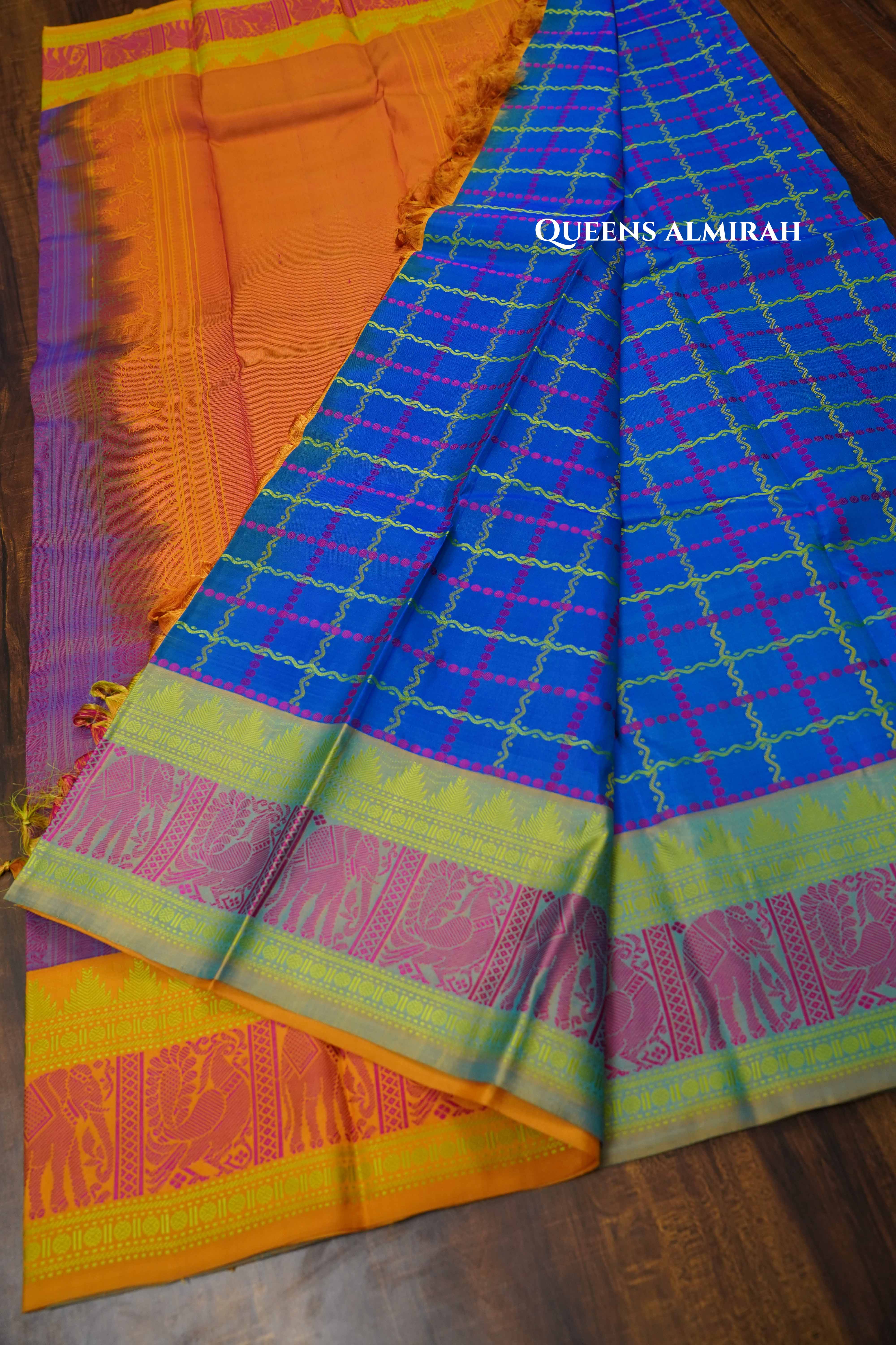 Navy Blue With Orange Pure Kanchivaram Silk Saree QUEENS ALMIRAH