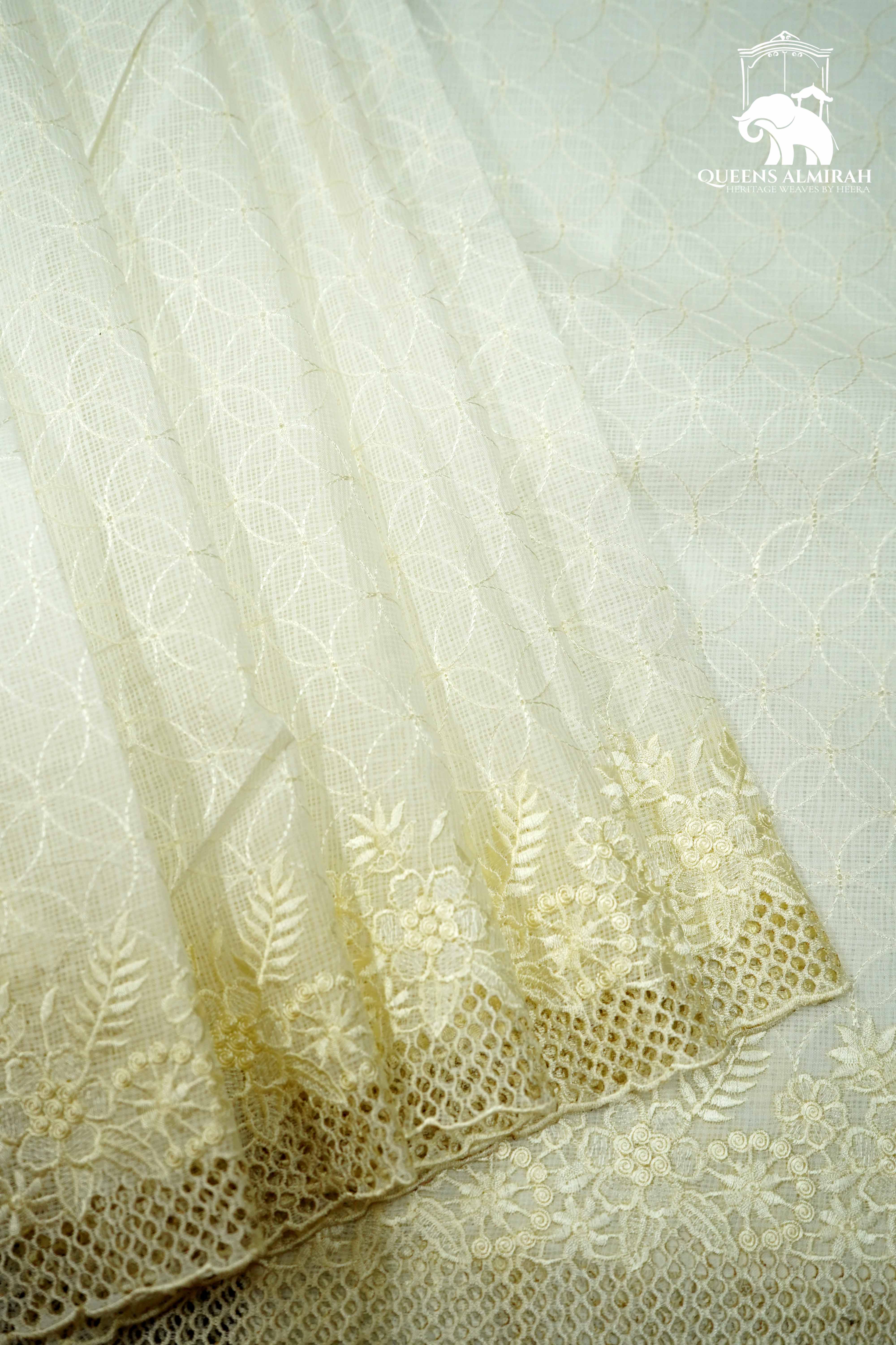 OFF WHITE WITH SCALLOP BORDER ORGANZA SAREE - Queens Jewel Emporium