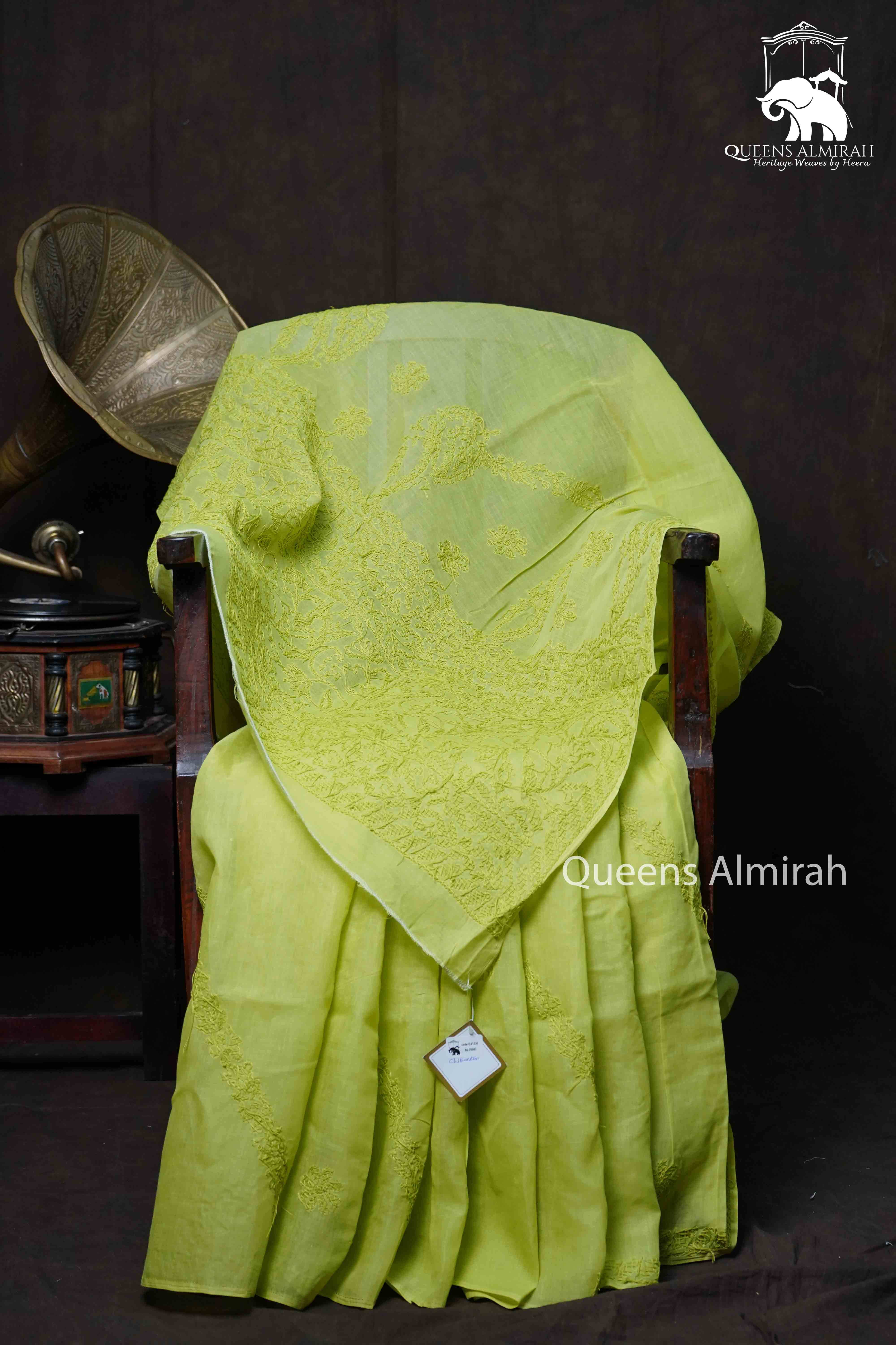 OLIVE YELLOW CHIKANKARI COTTON SAREE - Queens Jewel Emporium