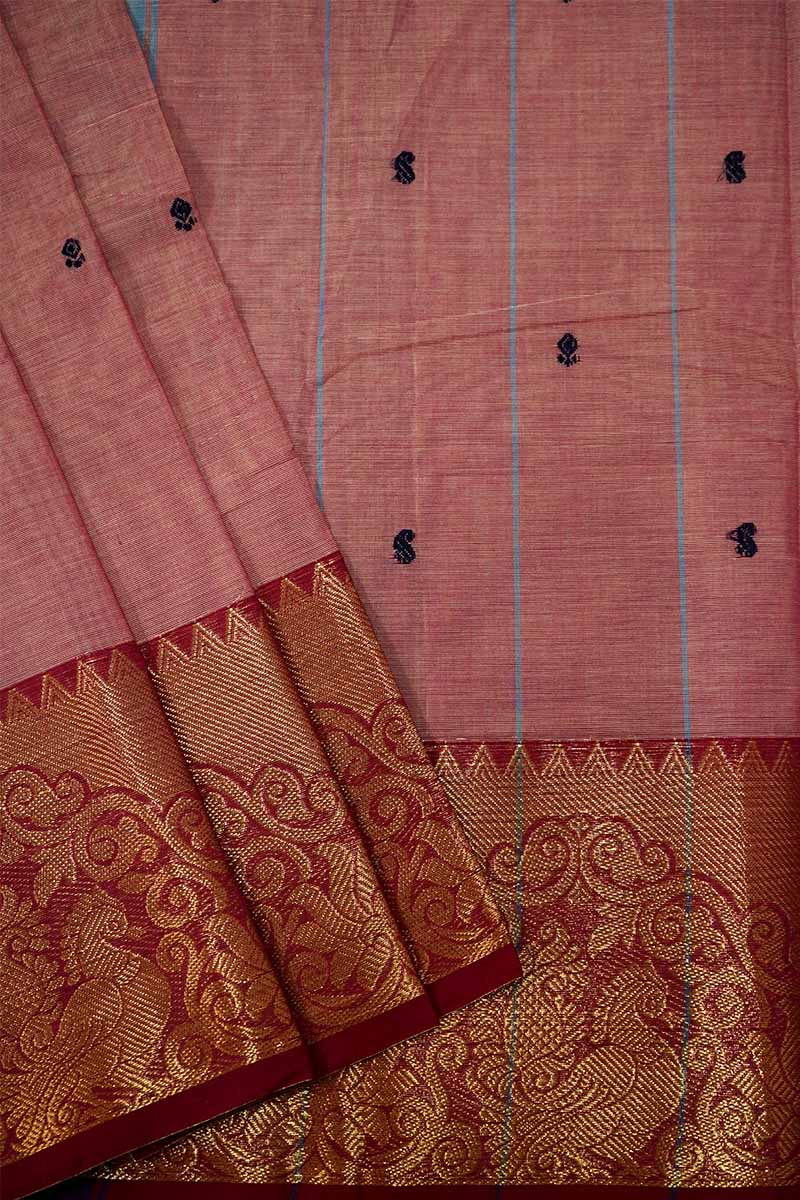 ONION PINK WITH RED KANCHI COTTON SAREE - Queens Jewel Emporium