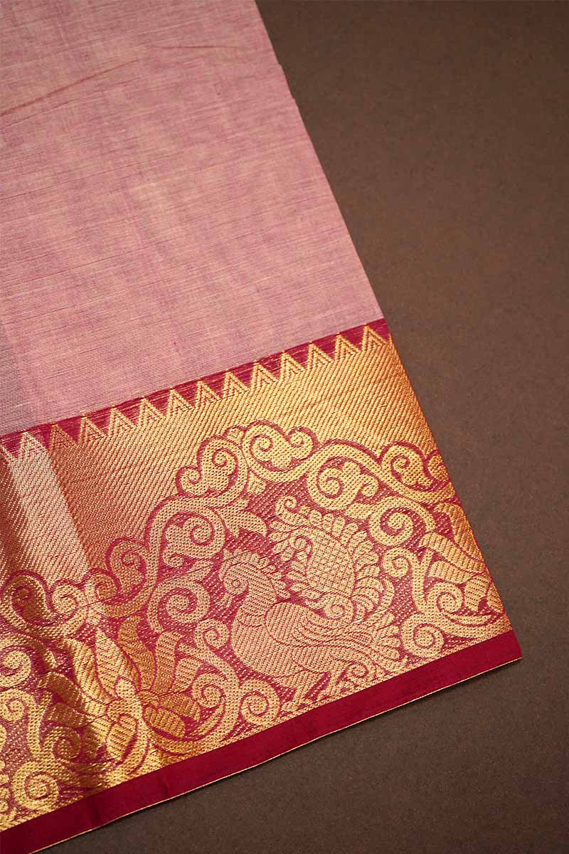 ONION PINK WITH RED KANCHI COTTON SAREE - Queens Jewel Emporium